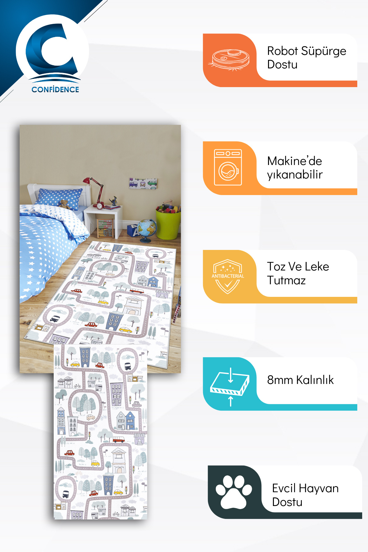 Confidence Home Makinede Yıkanabilir Kaymaz Taban Leke Tutmaz Yol Desenli Halı Bebek Ve Çocuk Halısı Oyun Matı fotoğrafı 2 (önizleme)