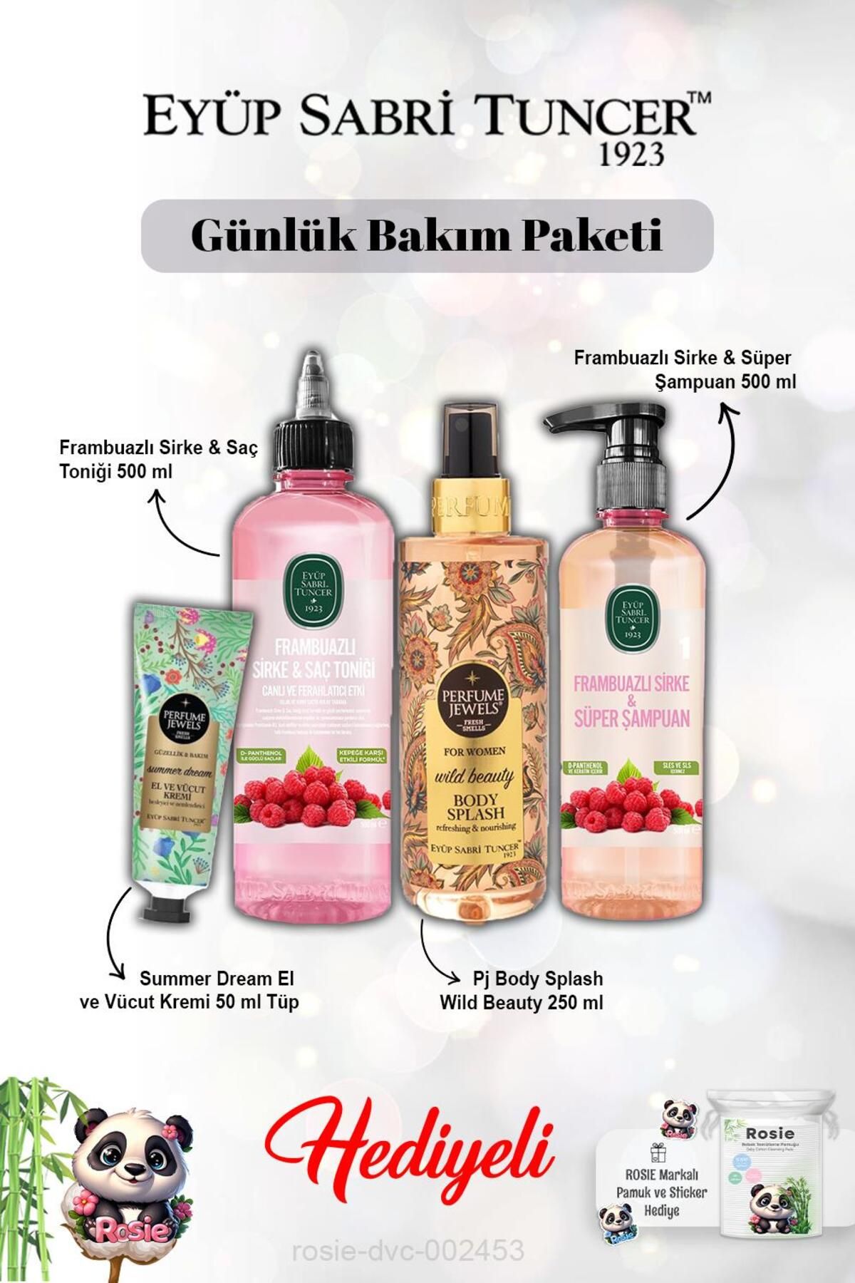 Eyüp Sabri Tuncer Vücut Spreyi Wild Beauty, Summer Dream Krem, Frambuaz Tonik ve Şampuan ve Rosie