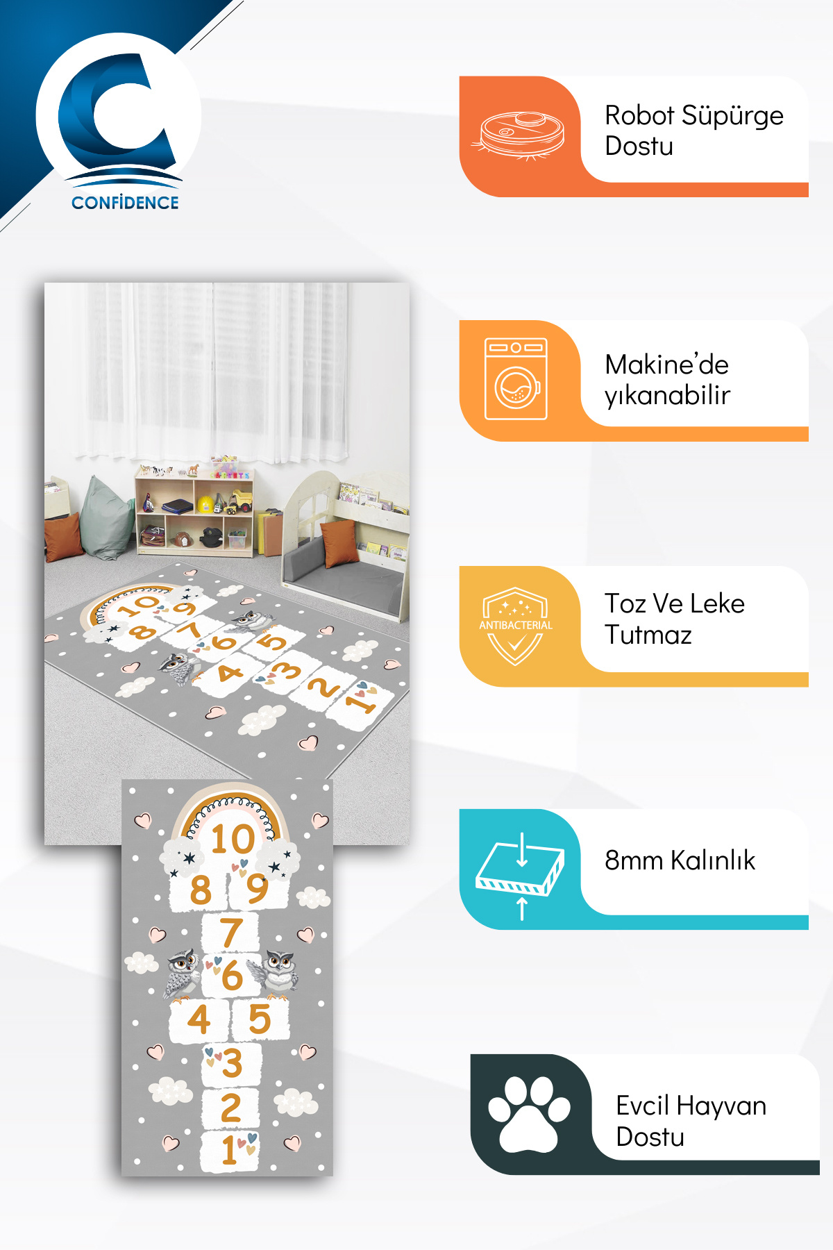 Confidence Home Makinede Yıkanabilir Kaymaz Taban Leke Tutmaz Seksek Desenli Bebek Ve Çocuk Halısı Oyun Matı fotoğrafı 2 (önizleme)