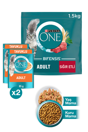 Purina One Adult Sığır Etli Tam Tahıllı Yetişkin Kedi Maması 1.5kg Tavuklu Ya...