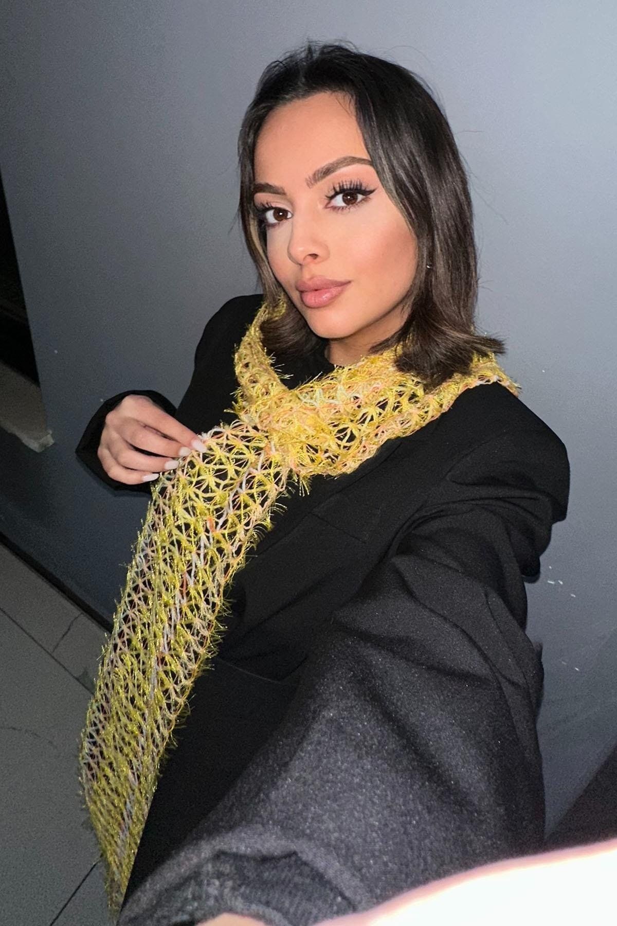 TAKIŞTIR-Yellow Color Knitted Detailed Shawl/Scarf 2