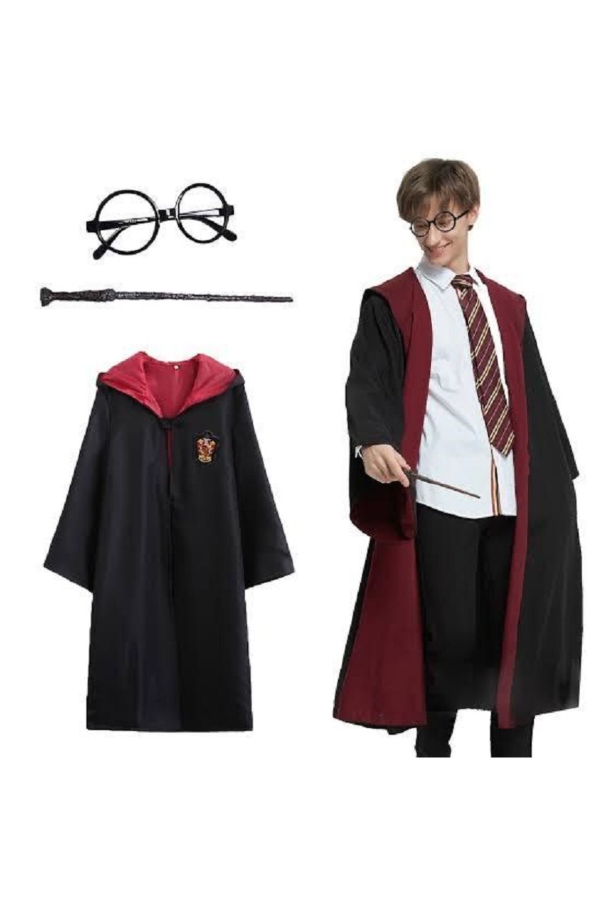 NEZADE STORE Harry Potter Gryffindor Kapişonlu Çocuk Kostüm + Asa + Gözlük Seti 7-8 Yaş