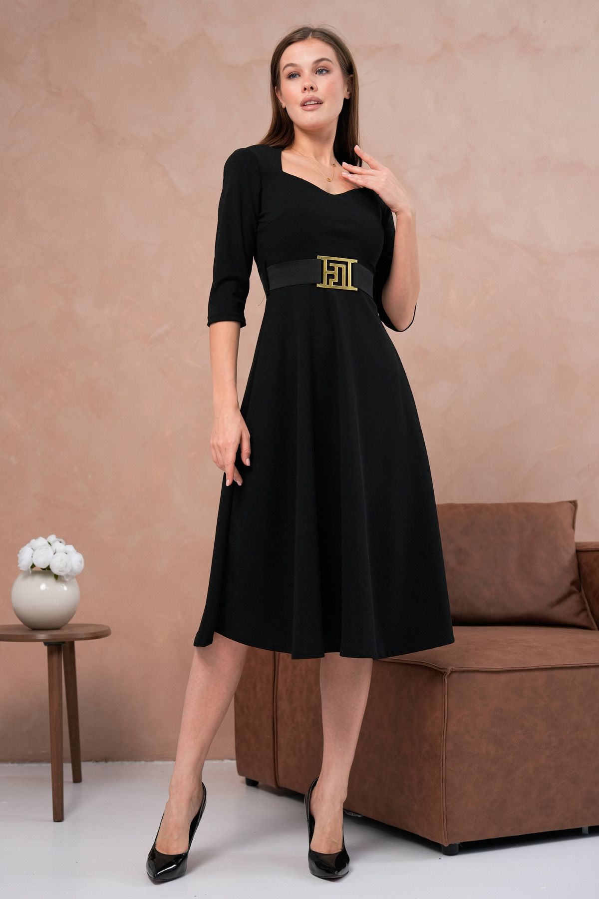 vuvutasarım-Flexibles Scuba-Crêpe-Stoff-Gürtel, detaillierter kurzärmliger Fensterkragen, Midi-Länge, schwarzes Abendkleid 075 6