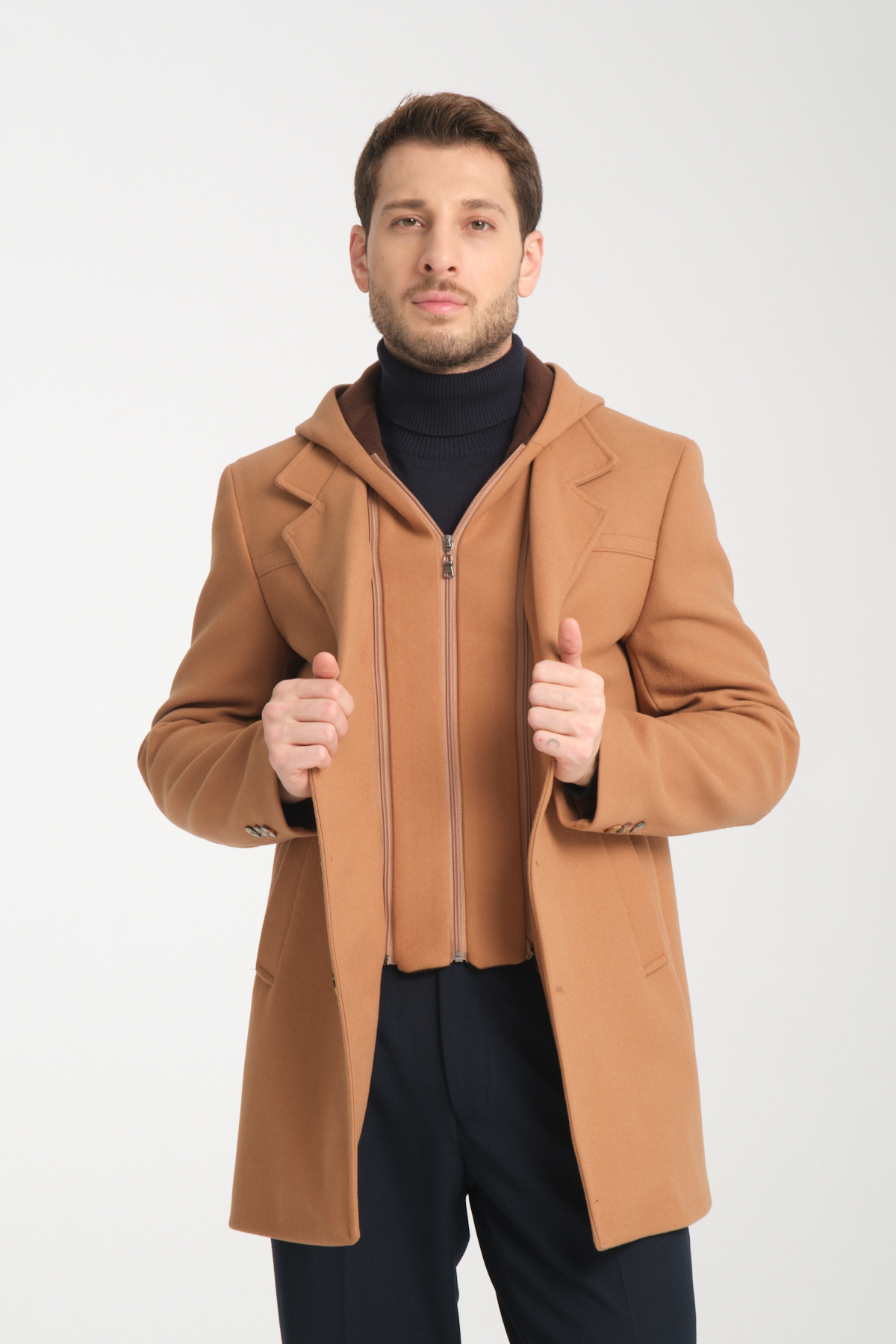 Frappoli Koyu Camel Kapüşonlu Kalın Dik Yaka Erkek Kaşe Kaban Fermuarlı Regular Fit