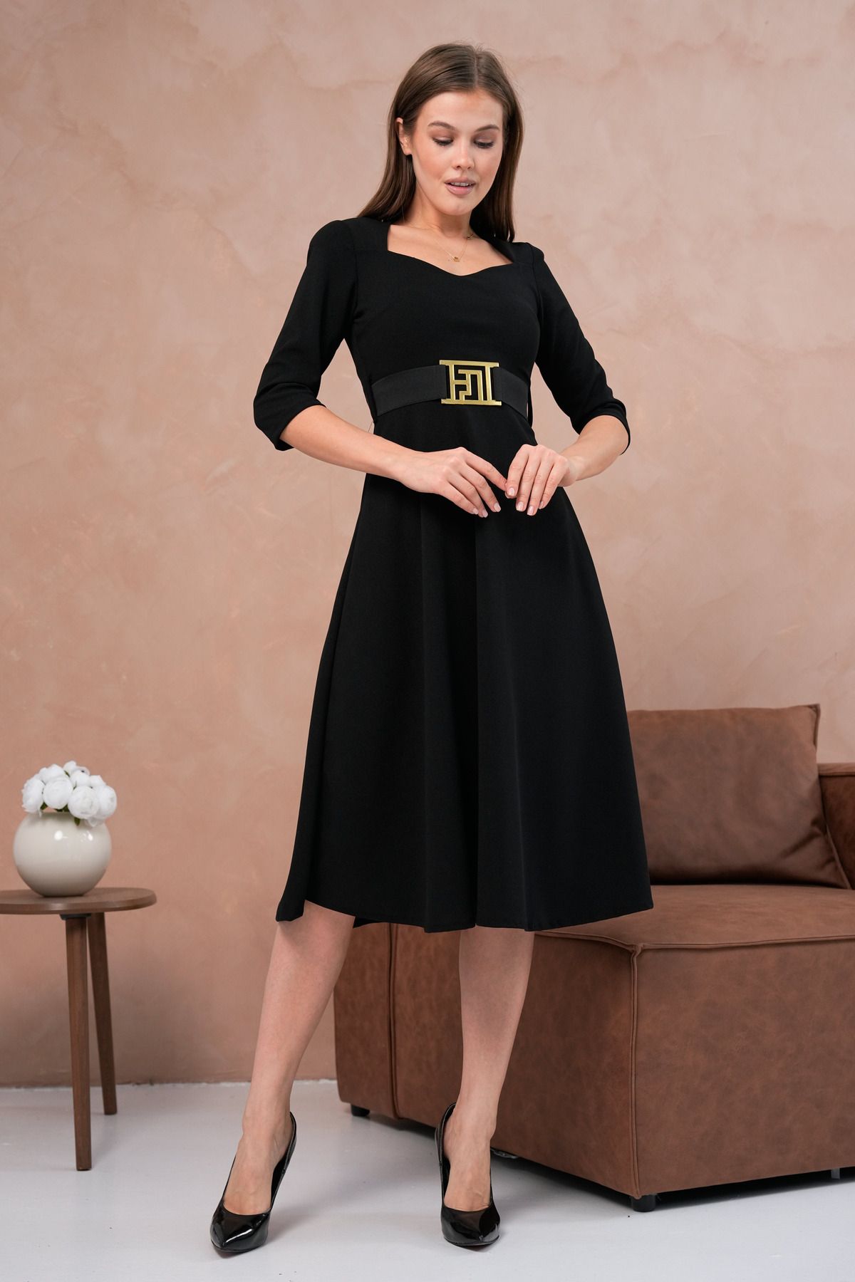 vuvutasarım-Flexibles Scuba-Crêpe-Stoff-Gürtel, detaillierter kurzärmliger Fensterkragen, Midi-Länge, schwarzes Abendkleid 075 8