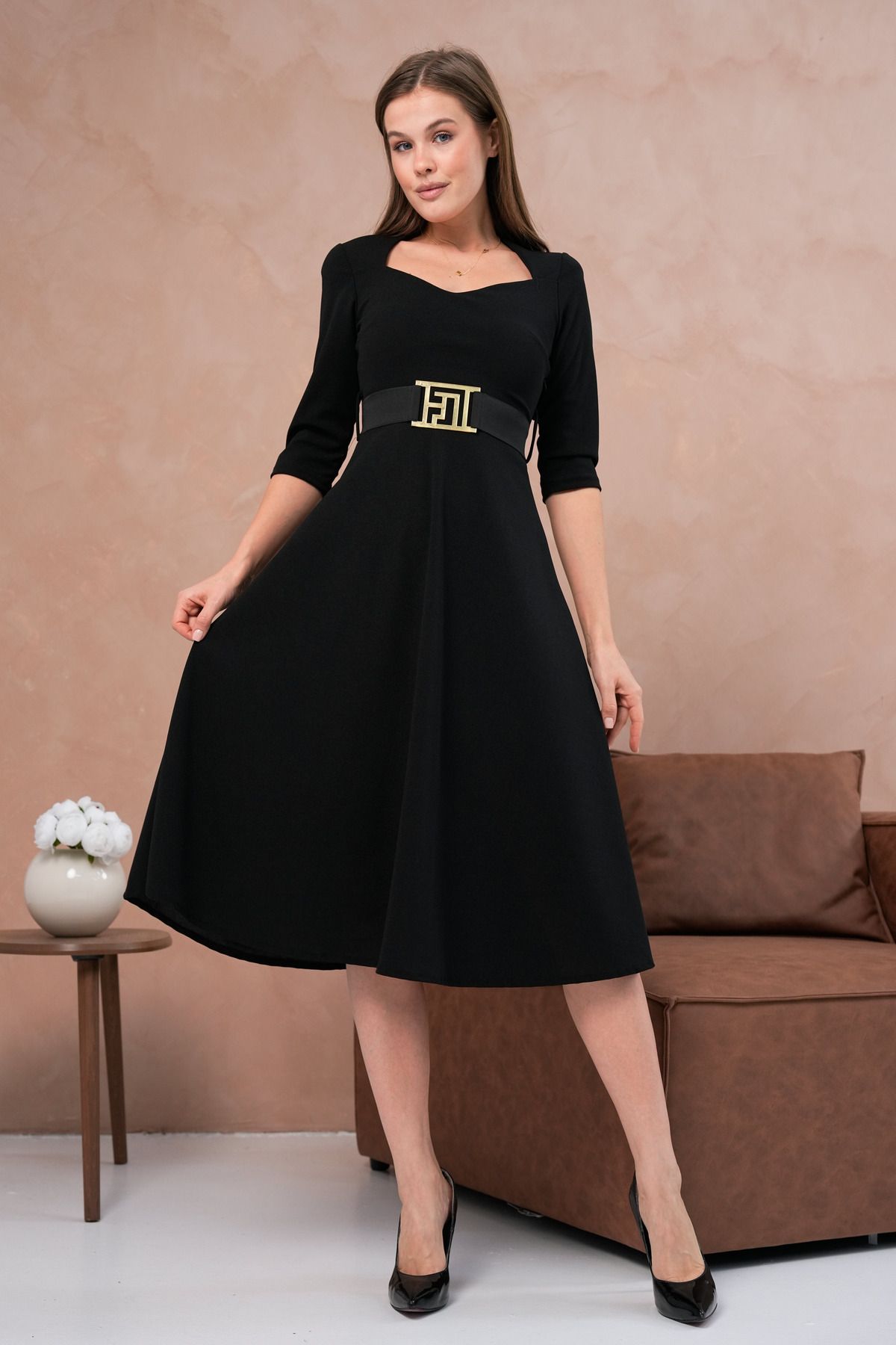 vuvutasarım-Flexibles Scuba-Crêpe-Stoff-Gürtel, detaillierter kurzärmliger Fensterkragen, Midi-Länge, schwarzes Abendkleid 075 7
