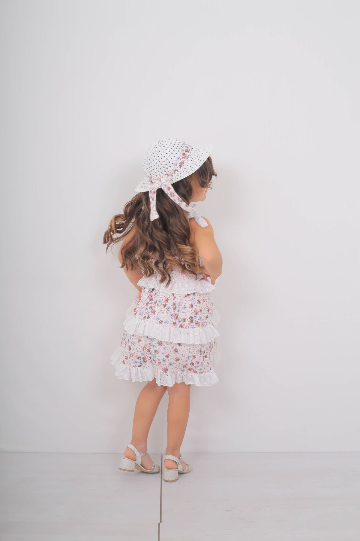 Filizdens Kids-Costum de pălărie cu modele florale pentru fete Rochie de muselină cu volane 2