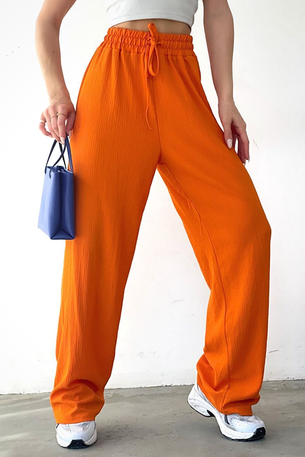 rşnmoda Kadın Turuncu Beli Lastikli Cepli Bol Paça Mevsimlik Pantolon