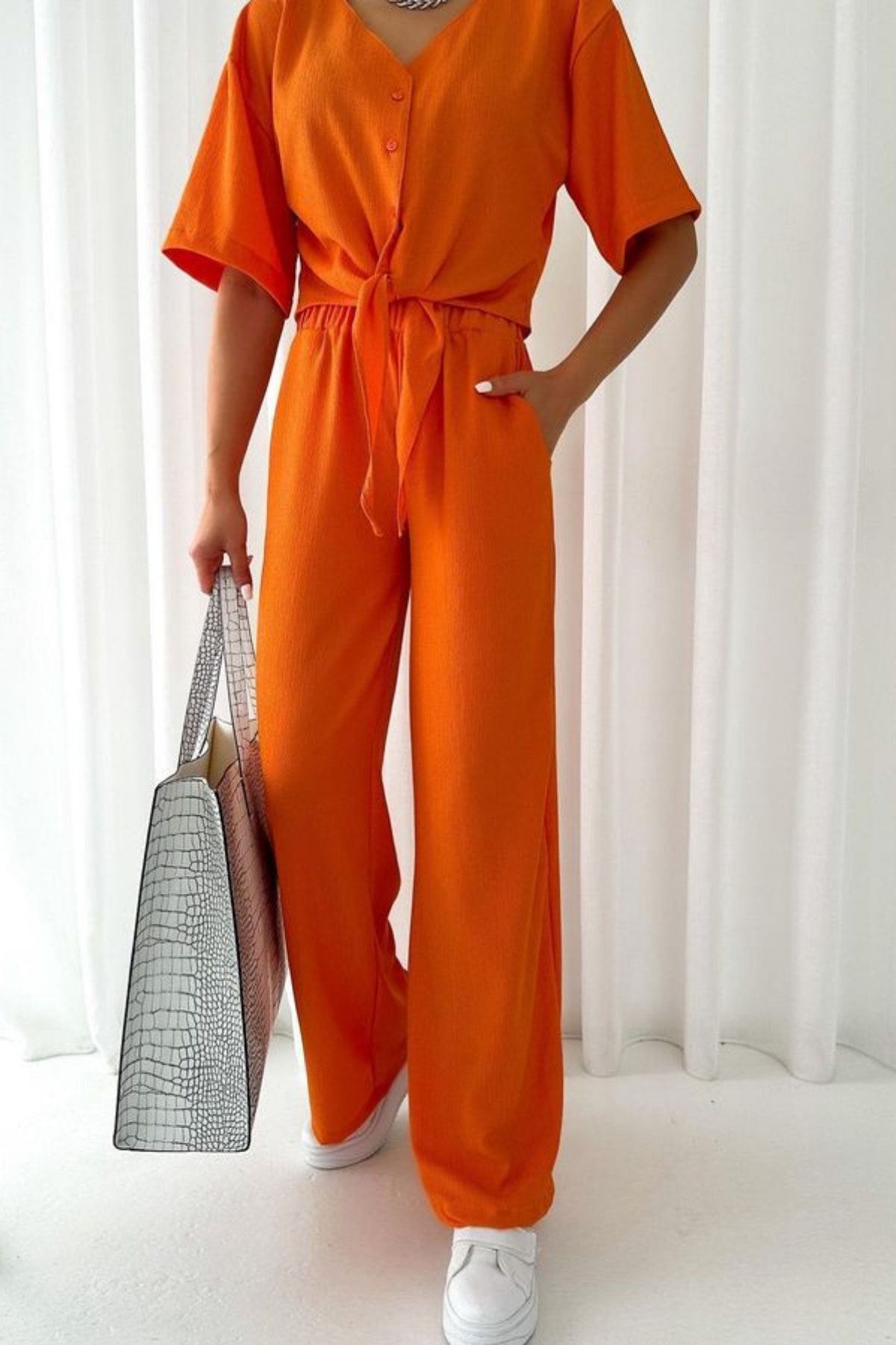 rşnmoda Turuncu Önden Bağlamalı Crop Palazzo Alt Üst Takım