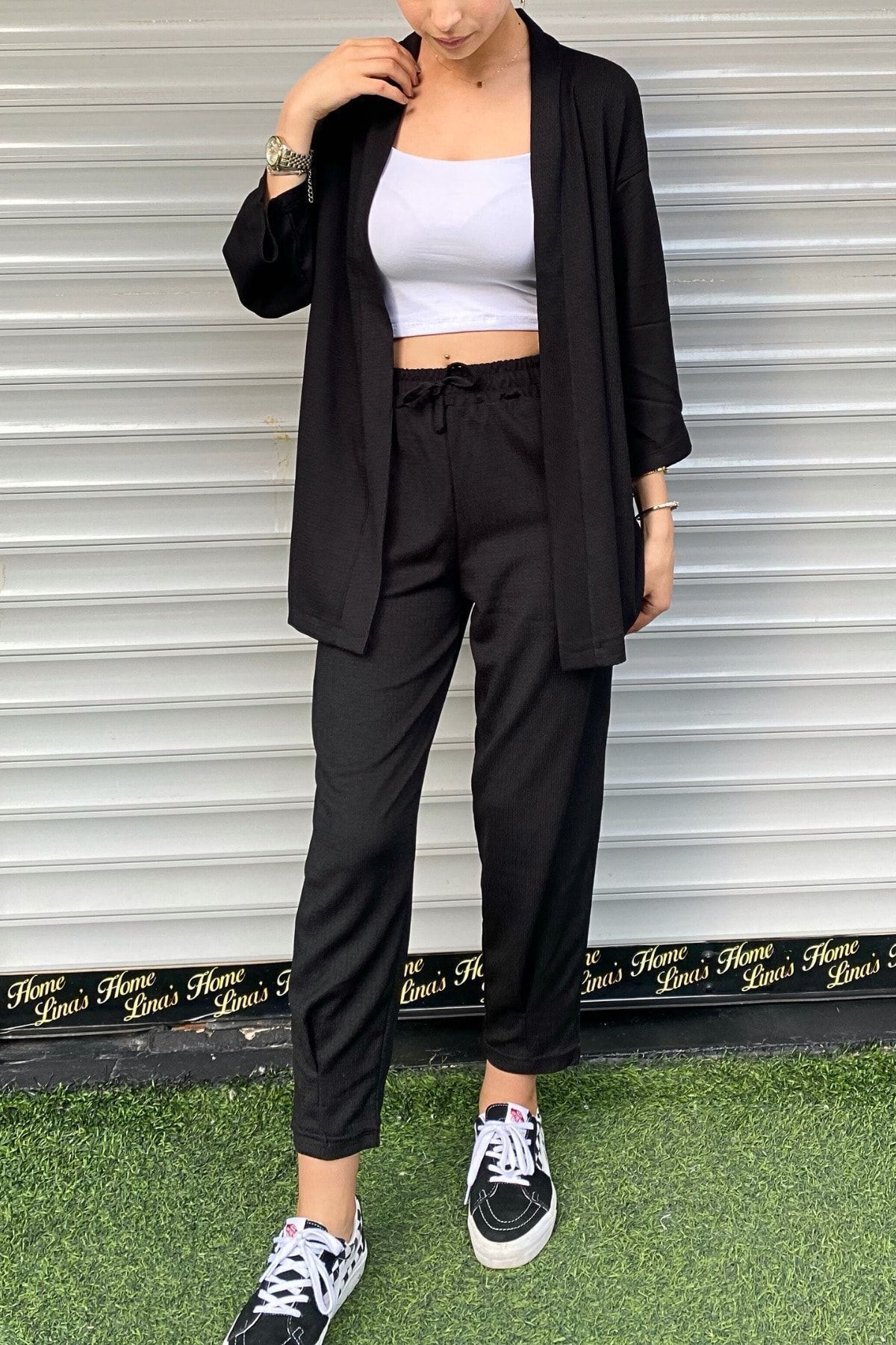 rşnmoda Kadın Siyah Paçası Pensli Bürümcük Kimono alt üst takım