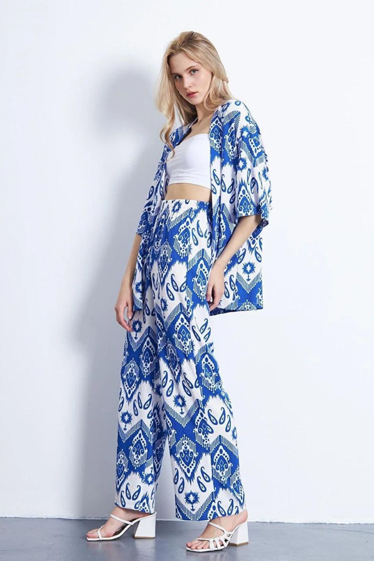 rşnmoda Kadın Mavi Şal desenli Bol Paça Palazzo Alt Üst kimono Takım