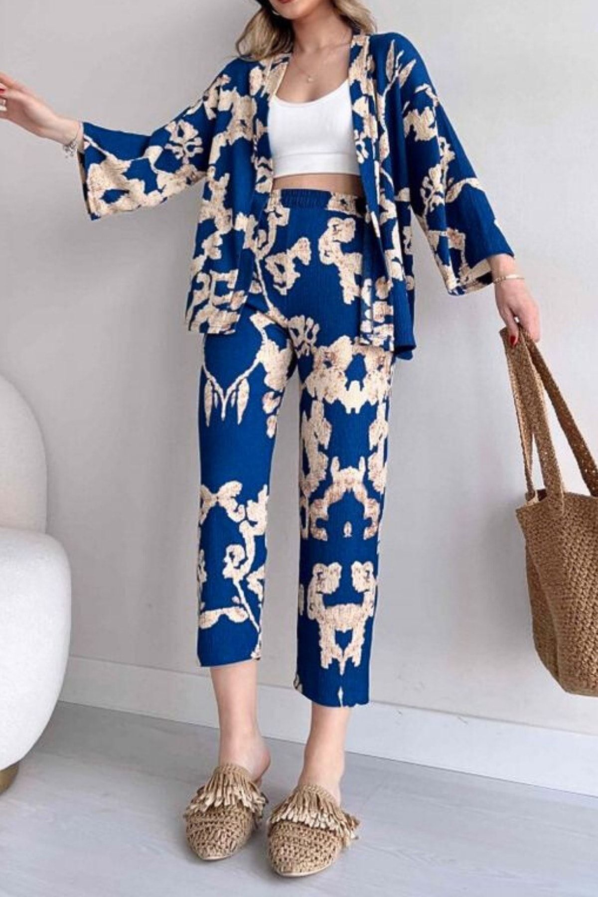 rşnmoda Kadın Mavi Desenli Kimono alt üst takım