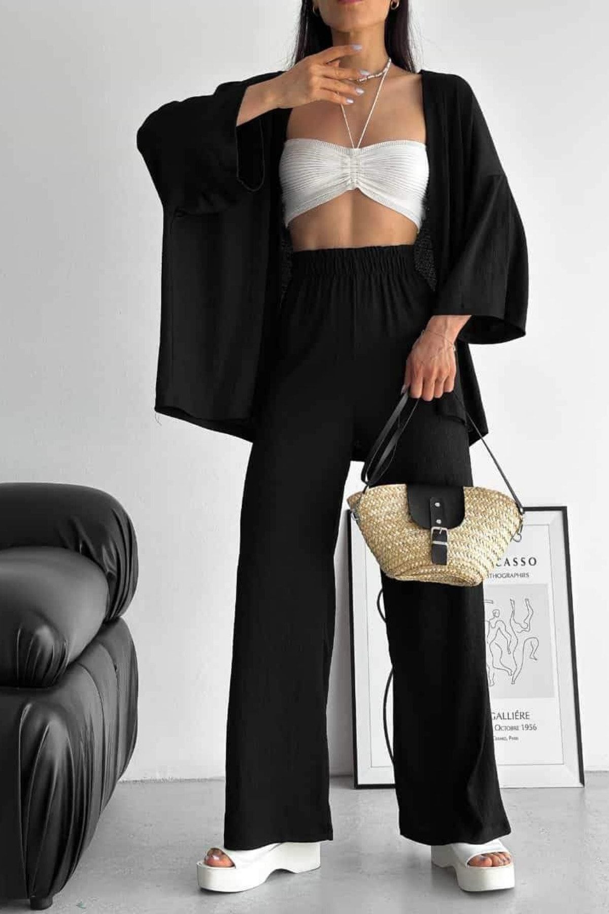 rşnmoda Kadın Siyah Bol Paça Palazzo Kimono Alt Üst Takım