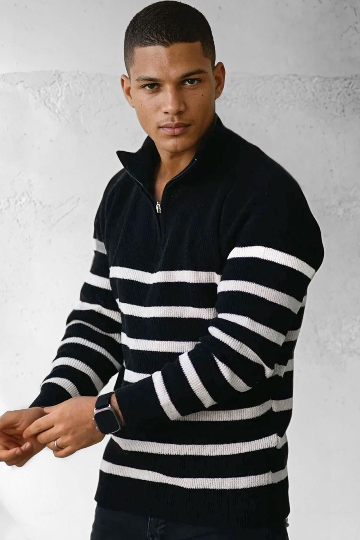 Millionaire-Men's Black Striped Zippered Turtleneck Sweater 1