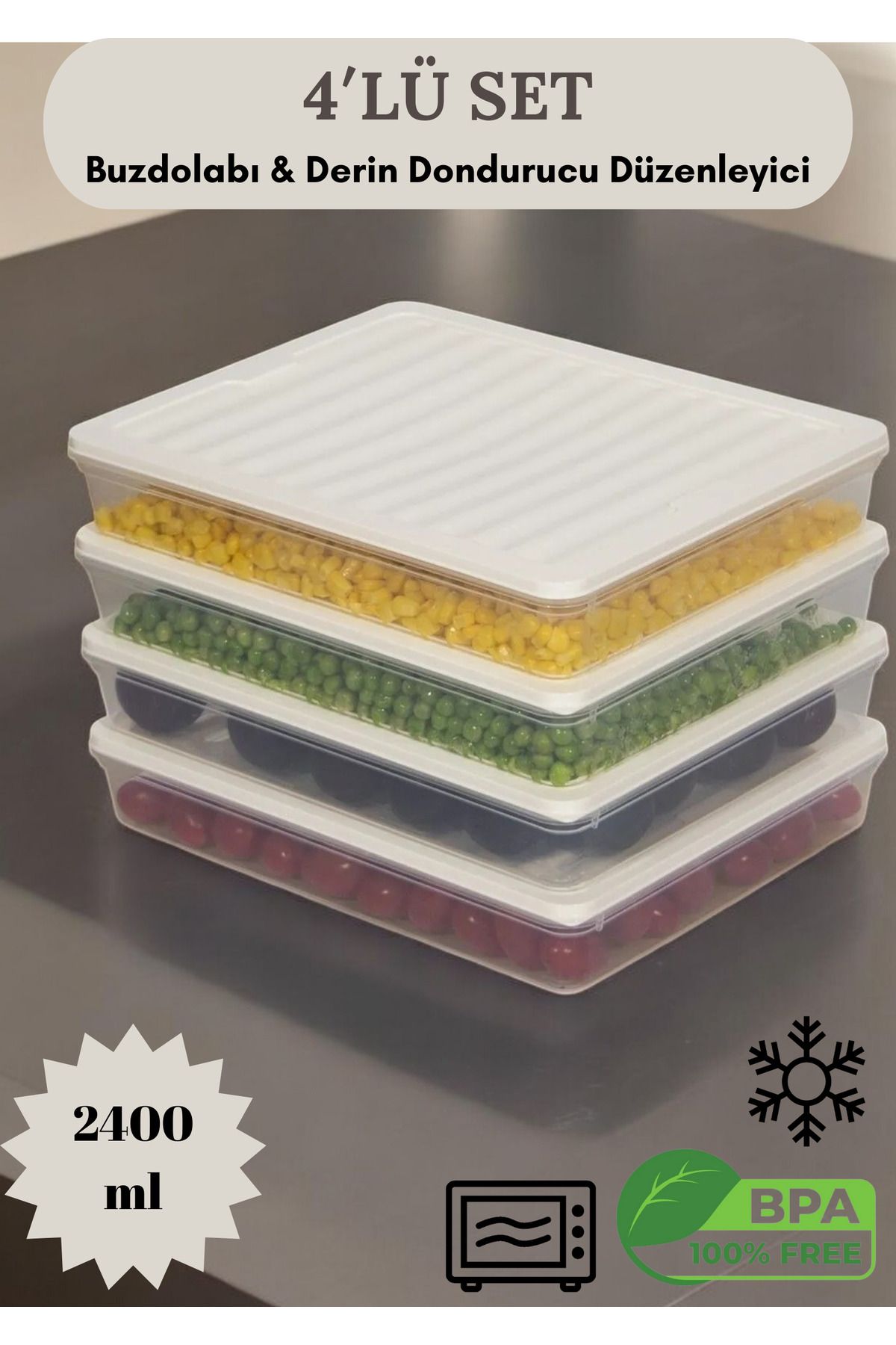 Flash Bazaar-4-Piece Refrigerator Organizer - Microwave and Freeze Storage Container, Cream Lid, 4X2400Ml 1