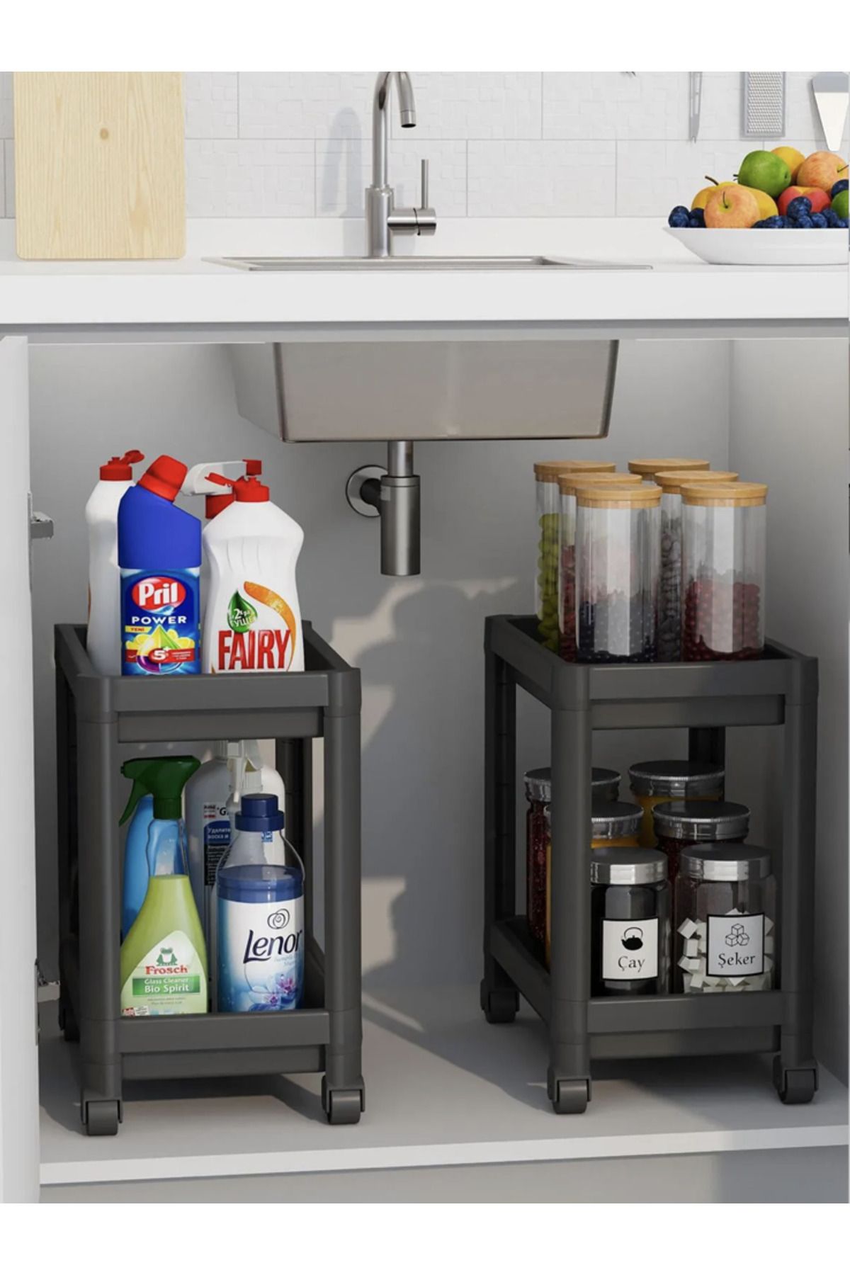 linmetal-2-Tier Organizer Shelf with Wheels, Kitchen Counter, under Sink and Detergent Holder 3
