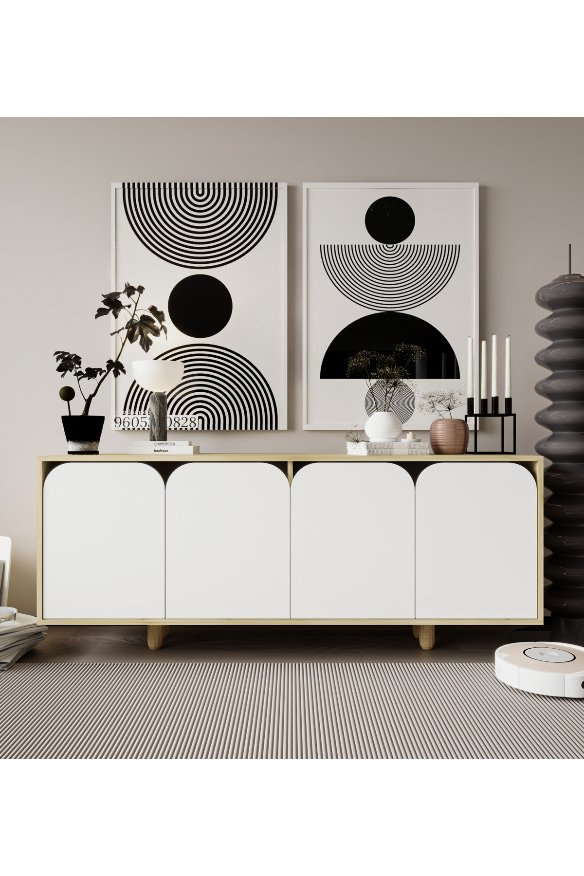 VM VERTEX MOBİLYA Lazio Bohem Ahşap Ayaklı Modern Konsol 180 Cm Safir Meşe-Beyaz