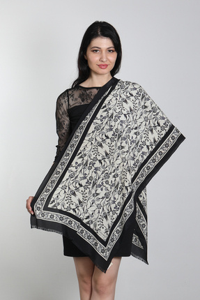 Mystic Ekru Siyah Renk Medine İpeği Eşarp Şal