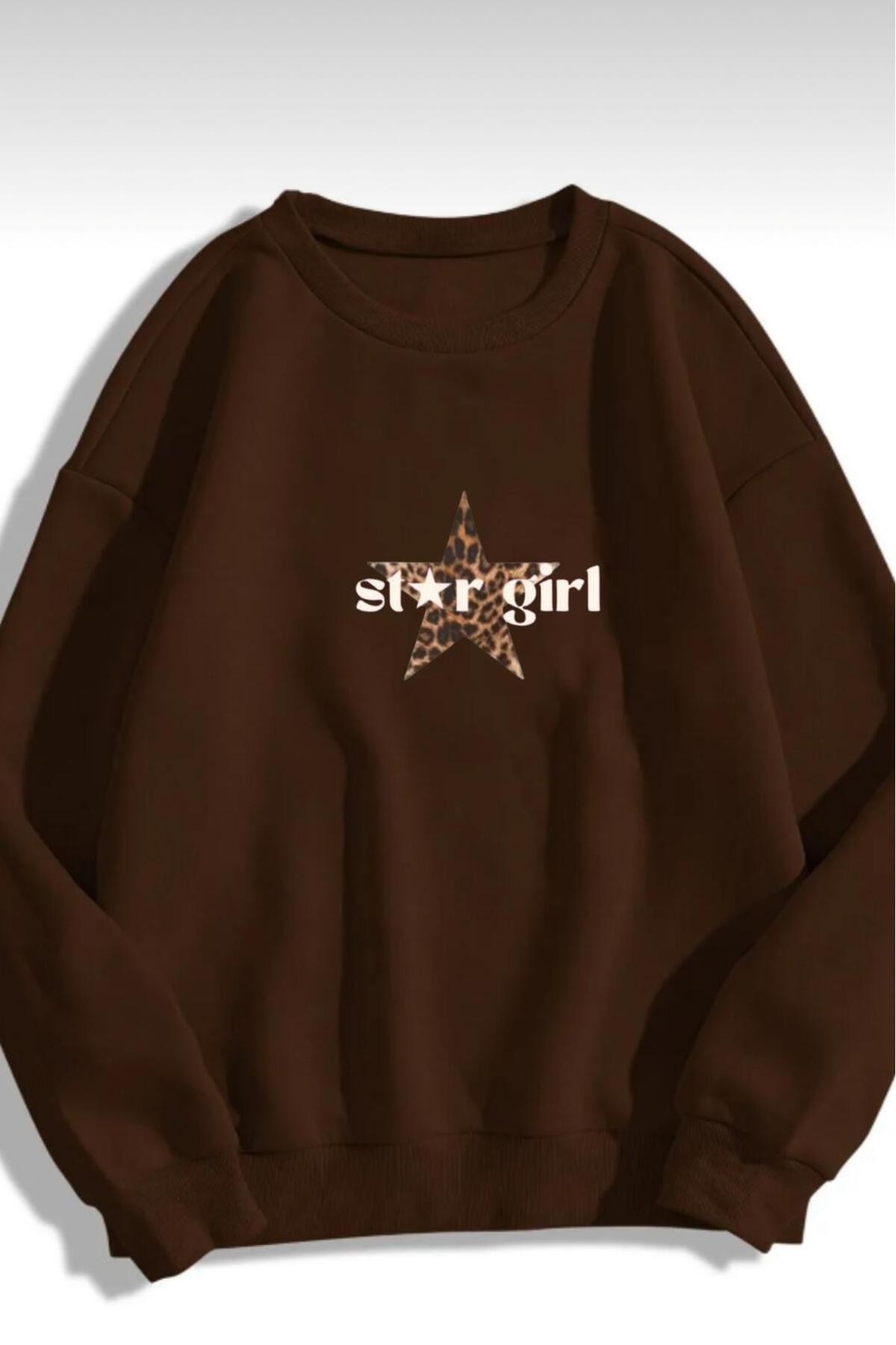 NO 601  Kadın Kahverengi Leoparlı Stargirl Baskılı Bisiklet Yaka Kapşonsuz Kışlık Sweat