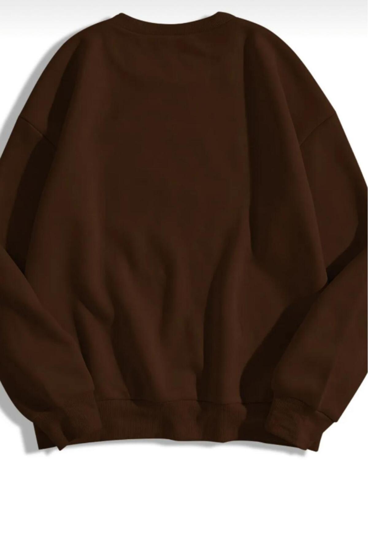 NO 601  Kadın Kahverengi Leoparlı Stargirl Baskılı Bisiklet Yaka Kapşonsuz Kışlık Sweat - Görsel 2