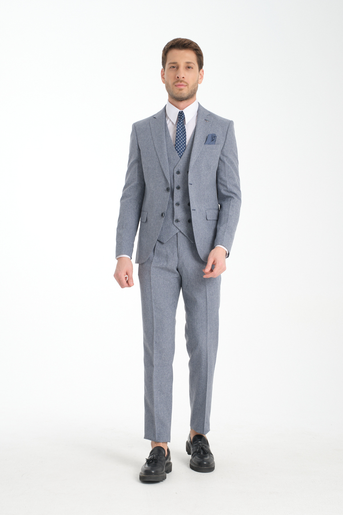 Frappoli Lacivert Slim Fit Erkek Düz Mono Yaka Çift Yırtmaçlı Astarlı Takim Elbise görsel 6