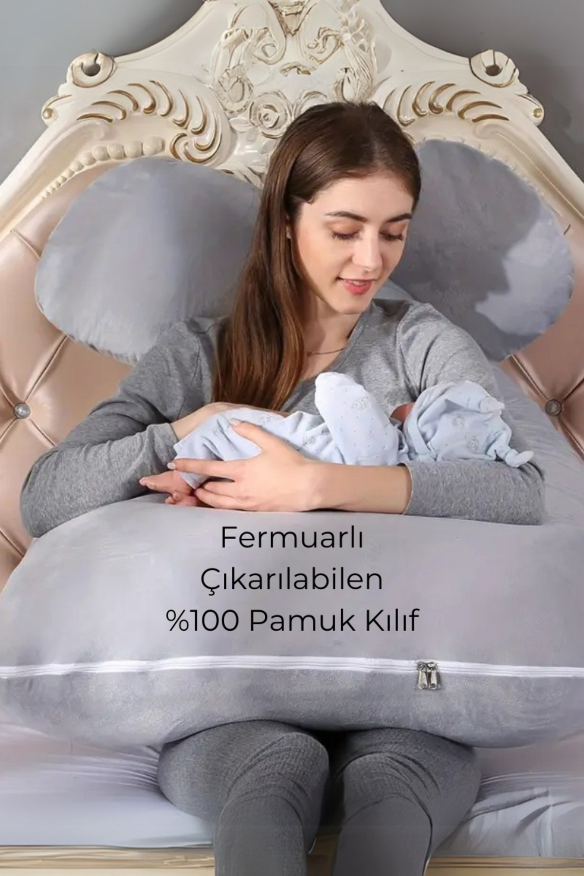 MoMMe 5 Farklı Bölge Destekli Hamile Yastığı Astarlı Çantalı Gri fotoğrafı 2 (önizleme)