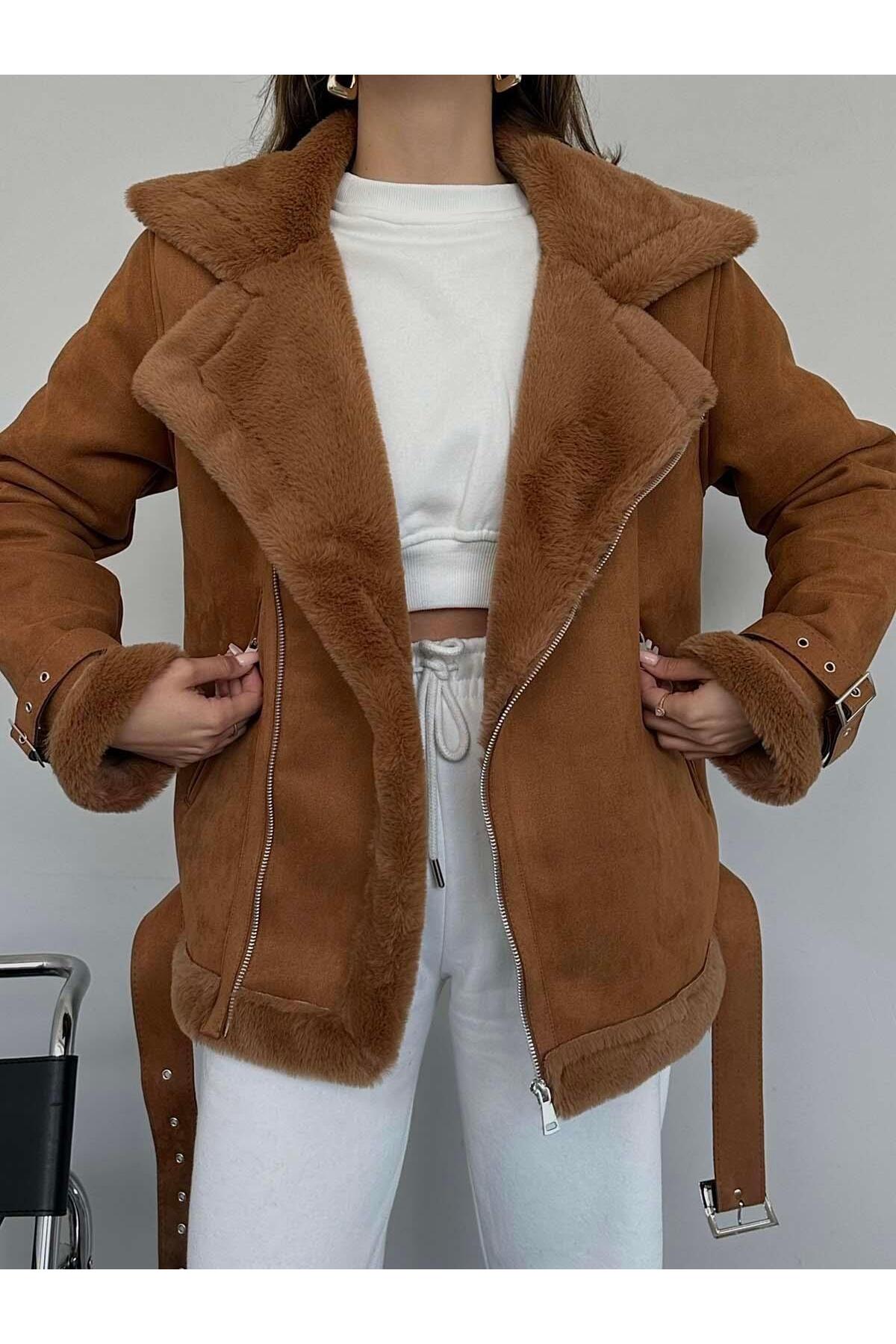 MyLook Kürklü Kemerli Uzun Süet Mont