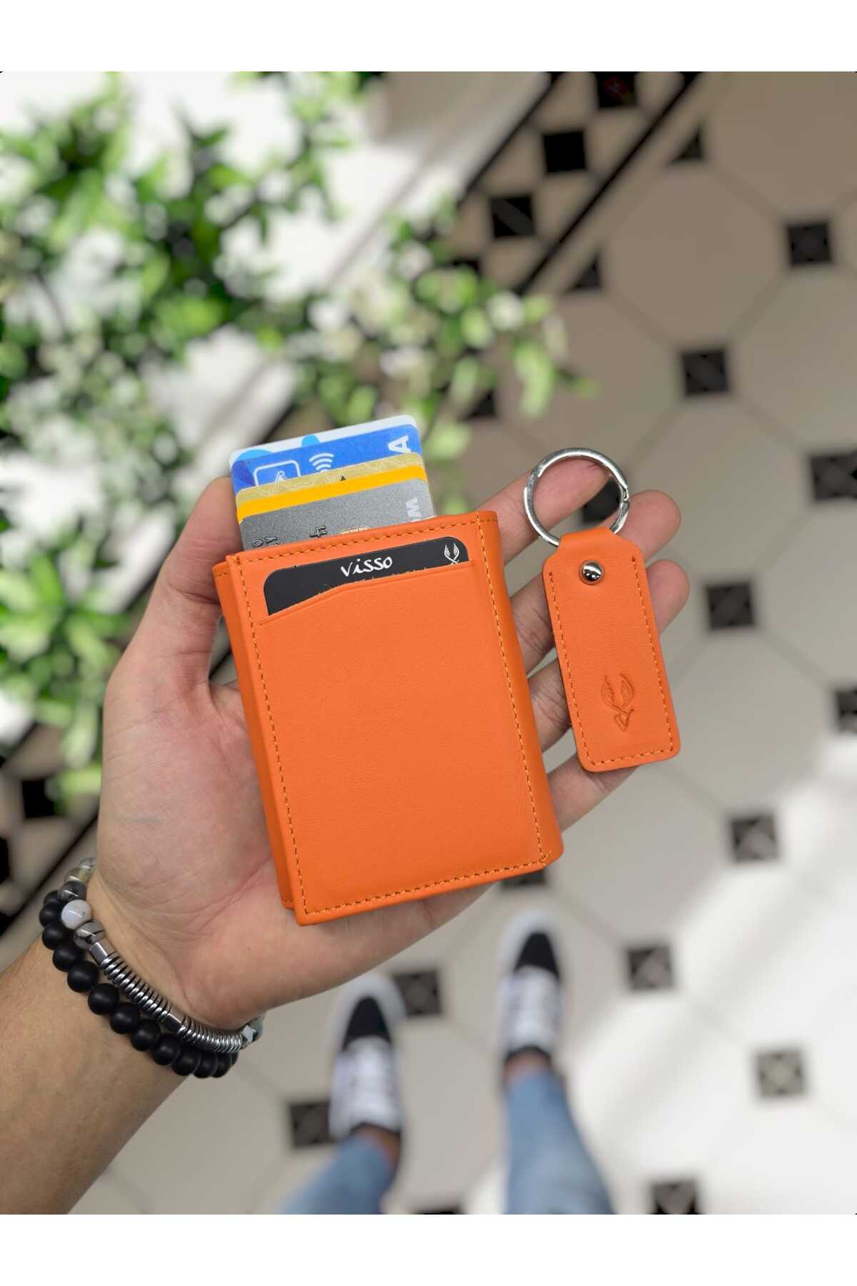 684 Genuine Leather Card Holder Wallet with Slotted Mechanism Purse ORANGE + KEYCHAIN