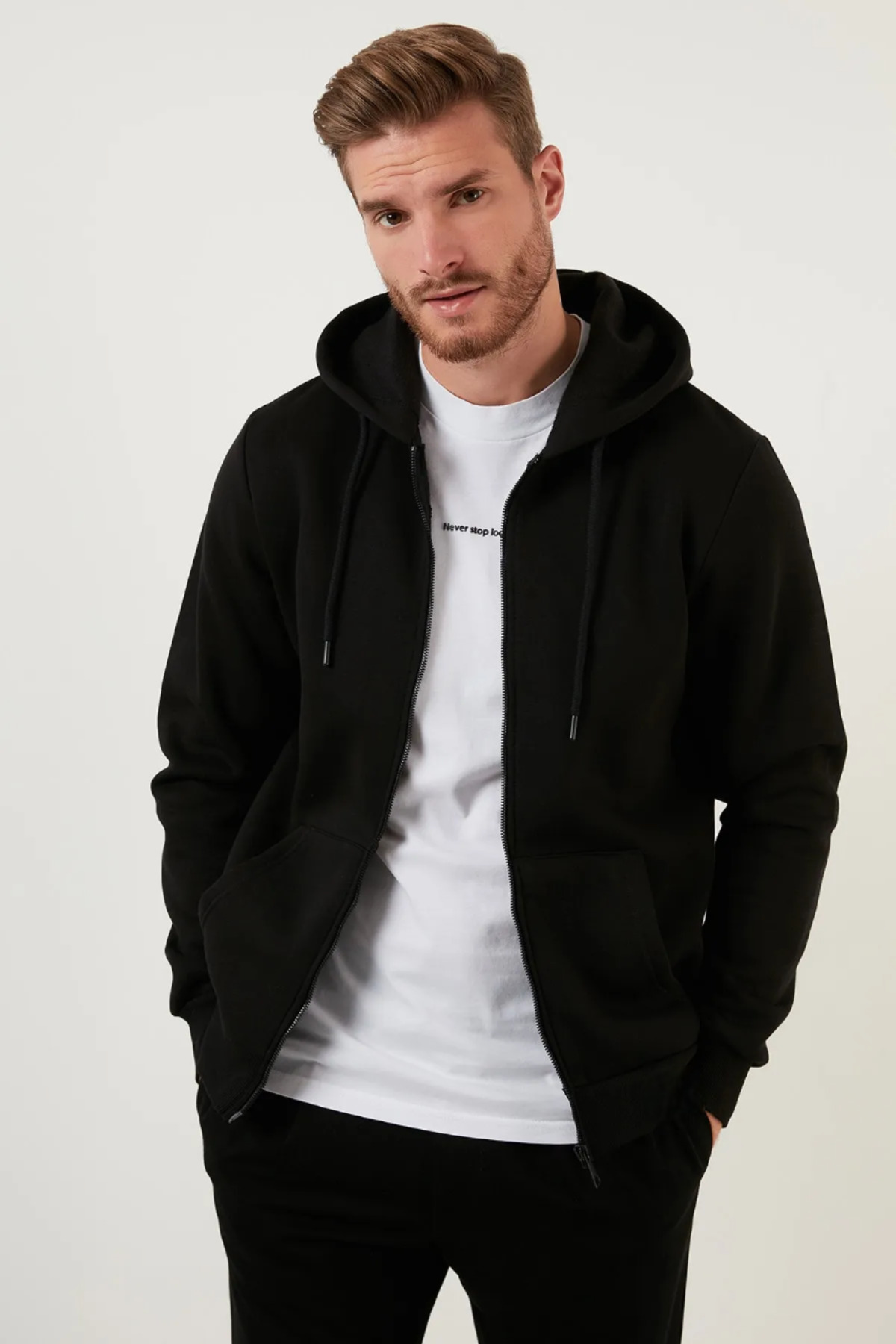 SERAZAT Erkek Fermuarlı Kapüşonlu Sweatshirt % 100 Pamuktur. Tiftiklenme Yapmaz. görsel 2