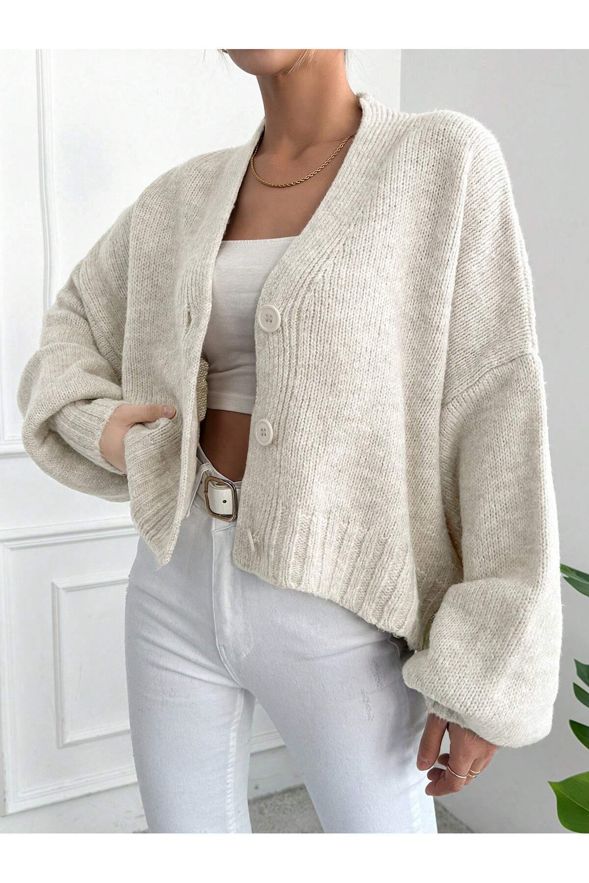 ALTINER  Kadın Taş Rengi Oversize Triko Hırka - Görsel 3