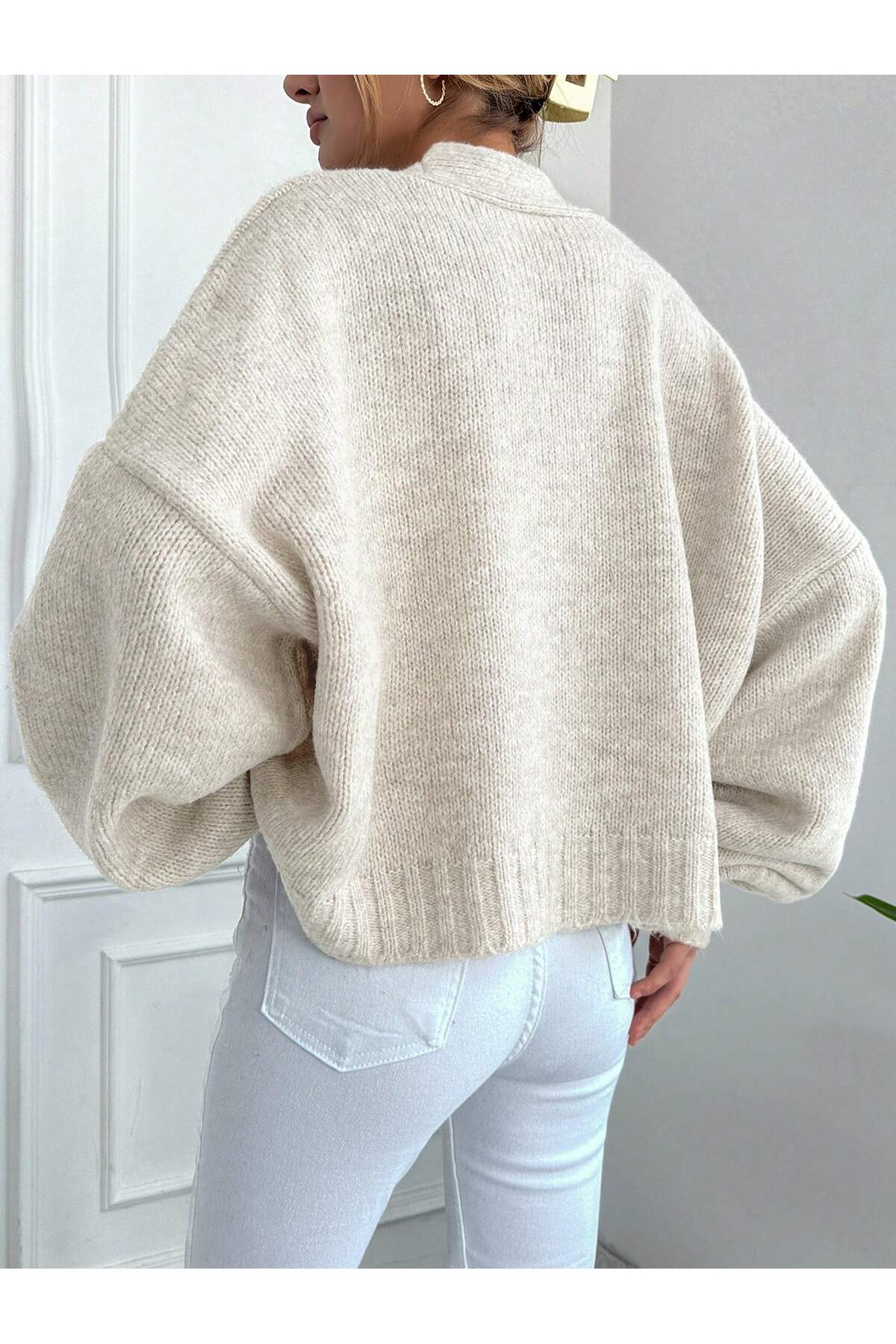 ALTINER  Kadın Taş Rengi Oversize Triko Hırka - Görsel 6