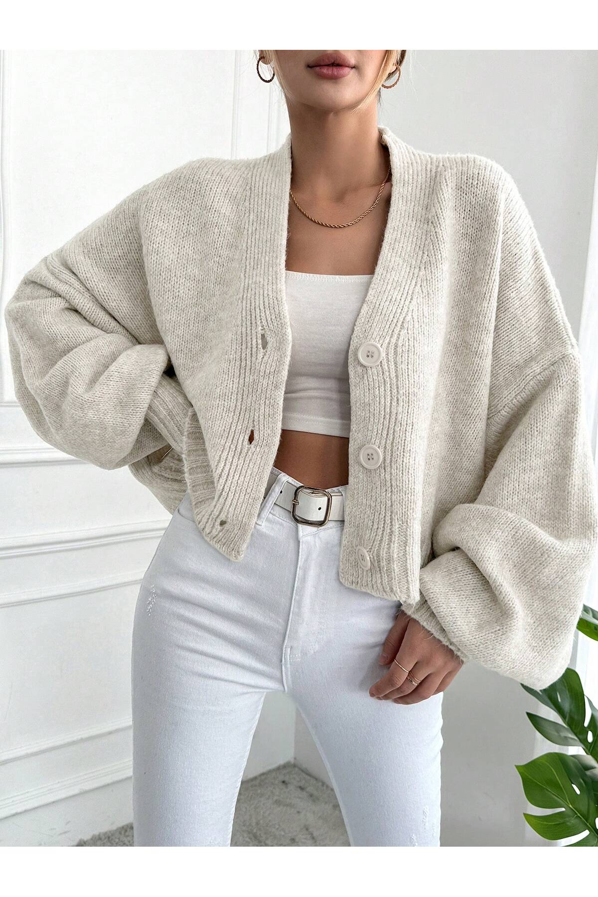 ALTINER  Kadın Taş Rengi Oversize Triko Hırka - Görsel 2