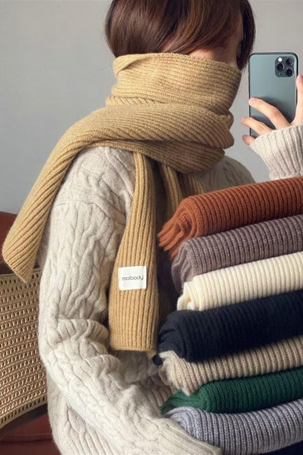 Moibody  %100 Akrilik Premium Triko Örgü Ribanalı Atkı Kışlık Aksesuar Gri - Görsel 2