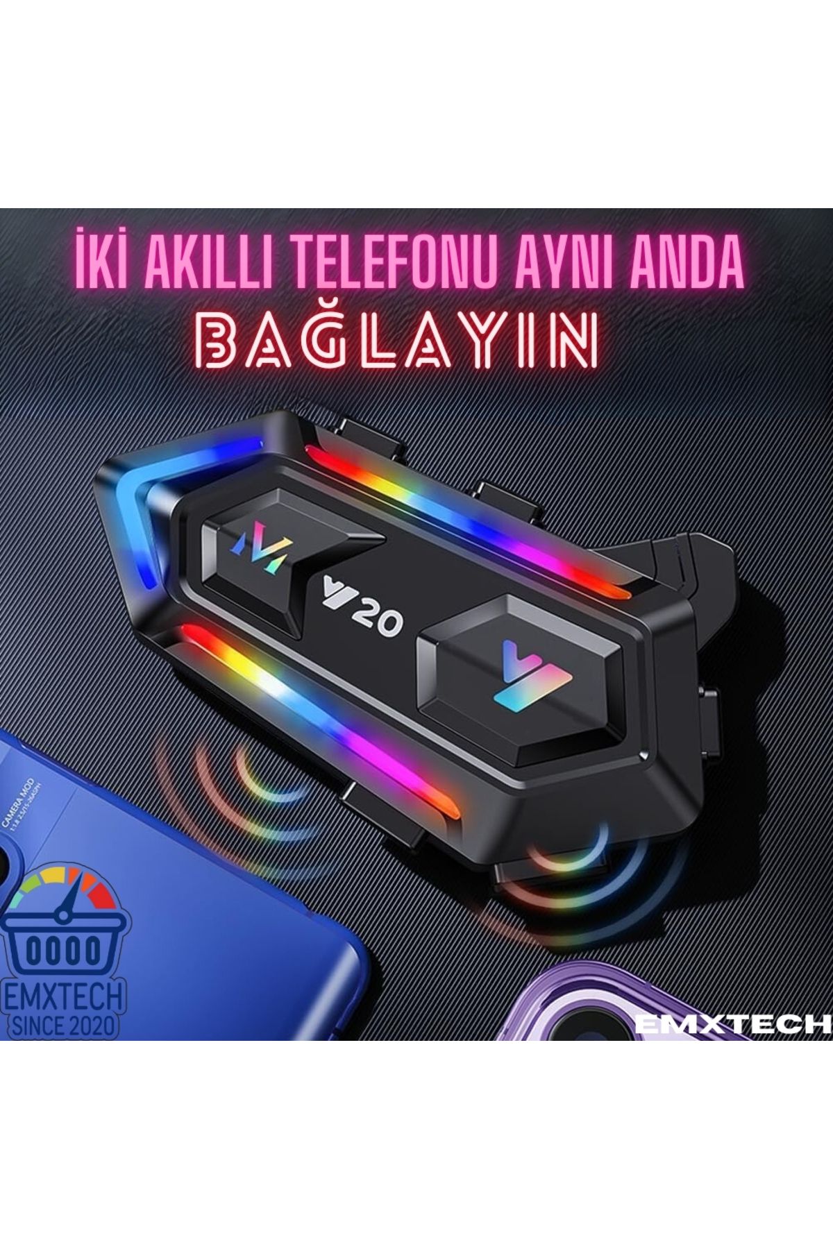 EMXTECH V20 Kablosuz RGB Işıklı Motosiklet Su Geçirmez IPX6 Kask İnterkom Bluetooth 5.3 1000 mAh