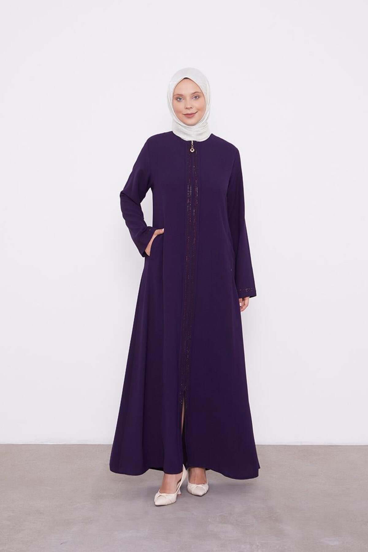 Levidor Mürdüm Taşlı Fermuar Kapamalı Ferace