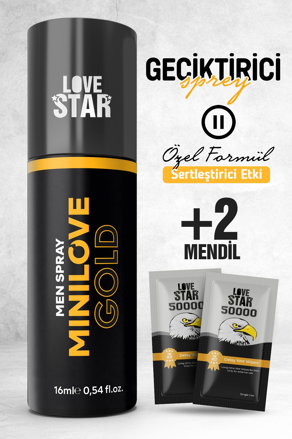 Love Star Geciktiricili Premium Sprey ve 2 Adet Tek Kullanımlık Mendil Geciktiricili Set