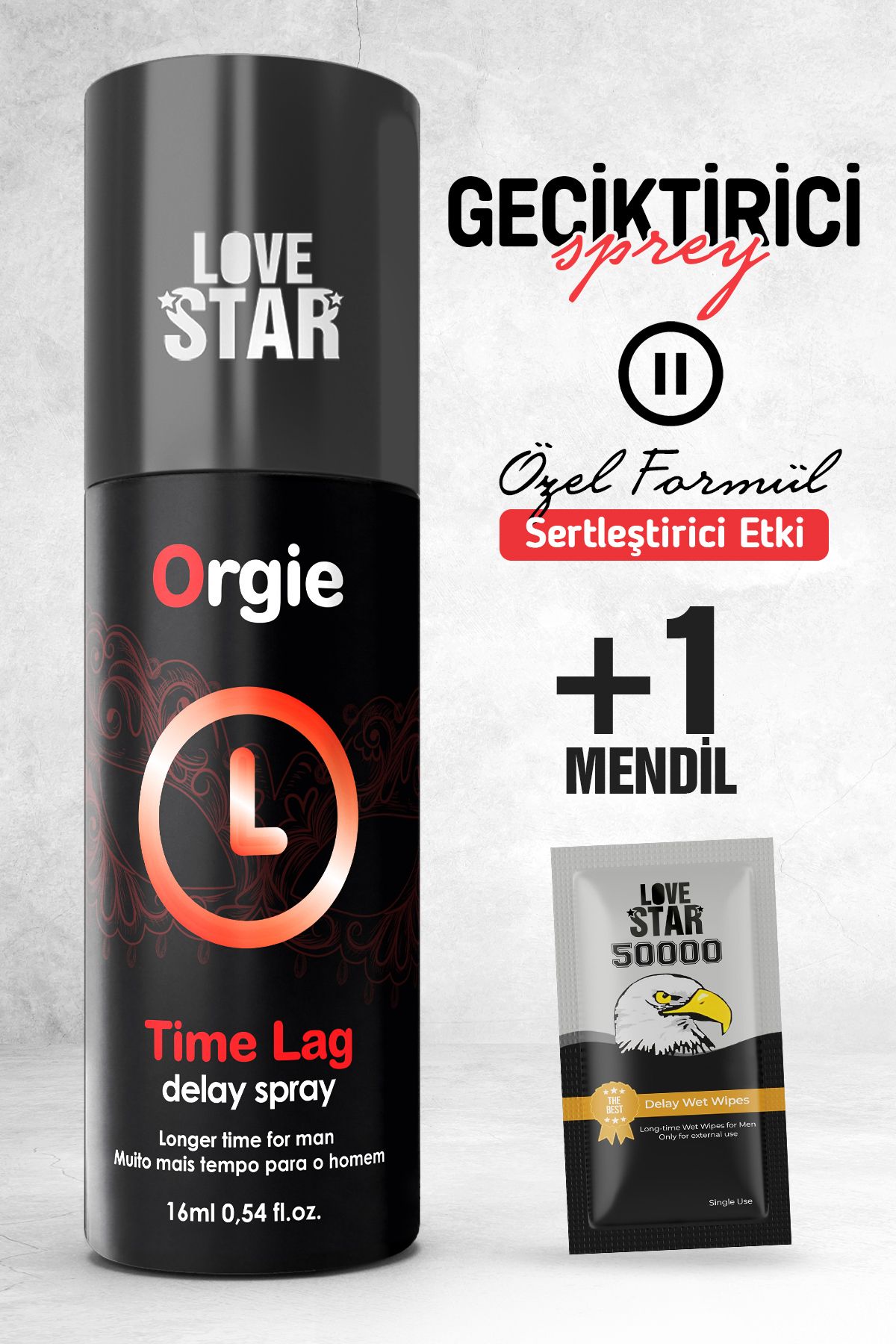 Love Star Lüks Geciktiricili Sprey Avrupa'dan İthal ve 1 Adet Tek Kullanımlık Mendil Geciktiricili Set