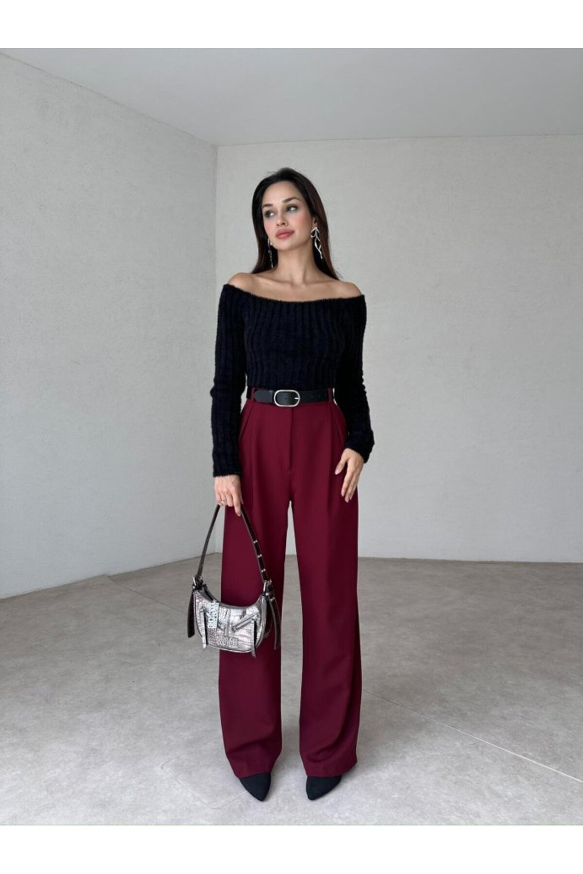 NARKISS-Burgundy Palazzo Trousers - Waist Cuffs and Buttons 2