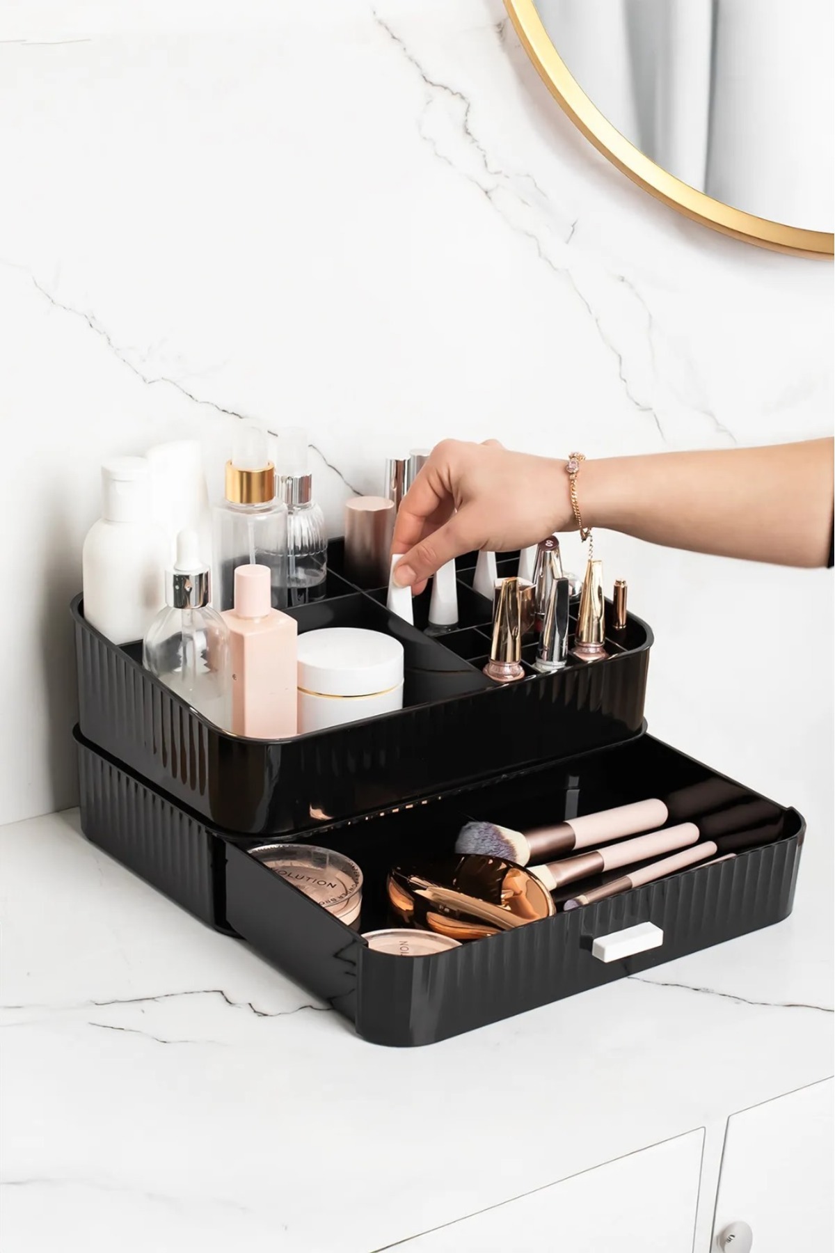 Bayev-Black Makeup Organizer - with Pom Drawers, Cosmetic Lipstick Stand, Perfume Rack 1