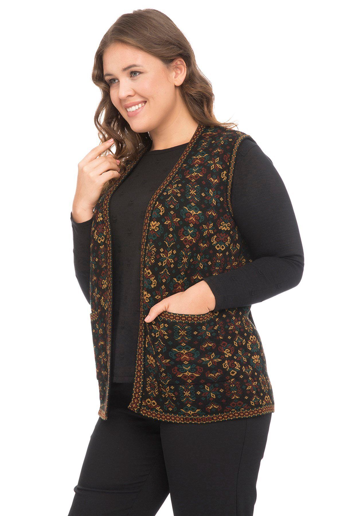 Uludağ Triko-Дамска основна жилетка Kilim с шарки на цветя и джобове 2