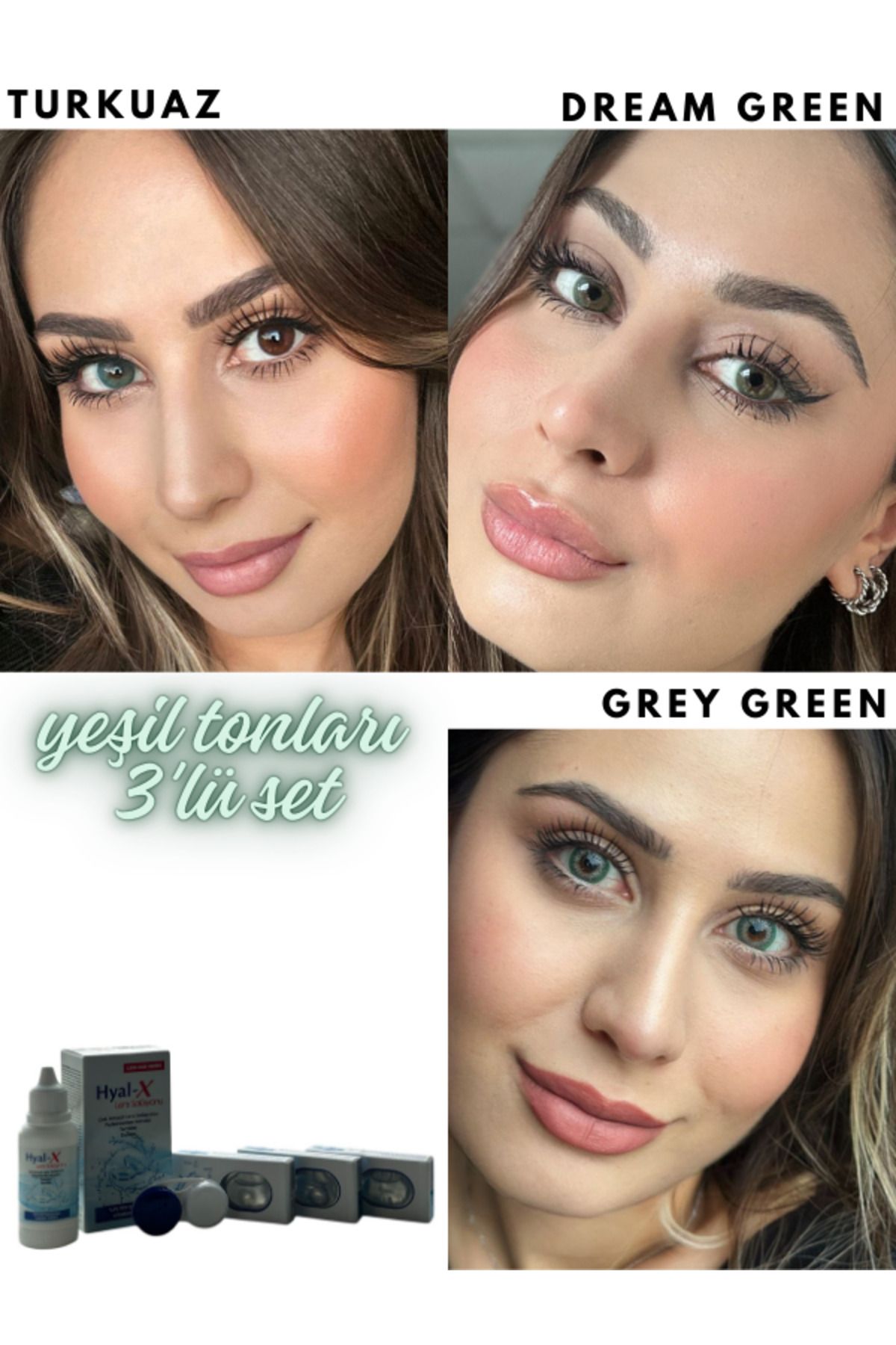 RABIR 3 lü Set yeşil tonları turkuaz dream green grey green Lens Solüsyonu 60ml Lens kabı hediyeli