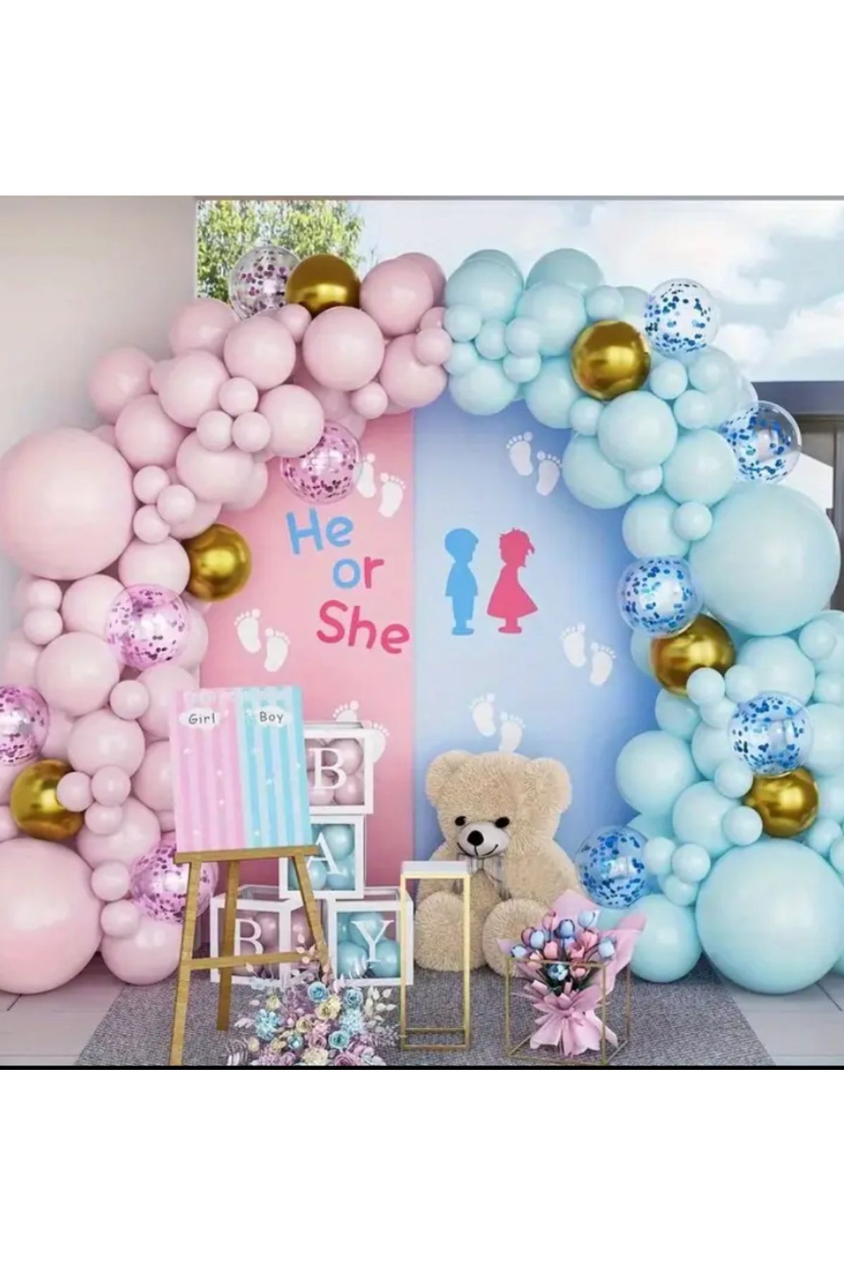 Çemrek Süs Parti Makaron Pale Pink ve Baby Blue Pembe Mavi Cinsiyet Balon Zinciri Seti 103'lü Jumbo Balon Dahil