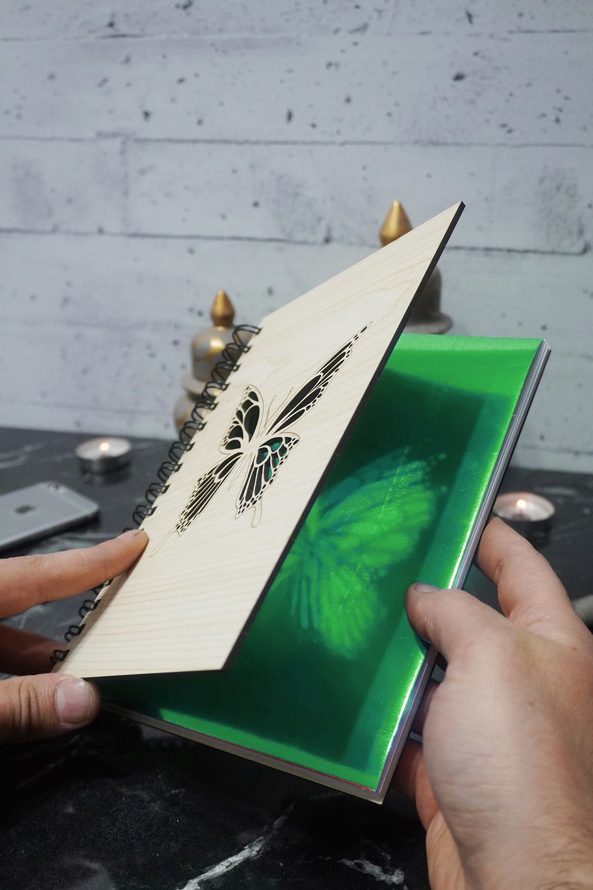 markcat-Butterfly Patterned Wooden Notebook - Diary - Unlined Notebook (Notebook) A5 Unlined Agenda 3