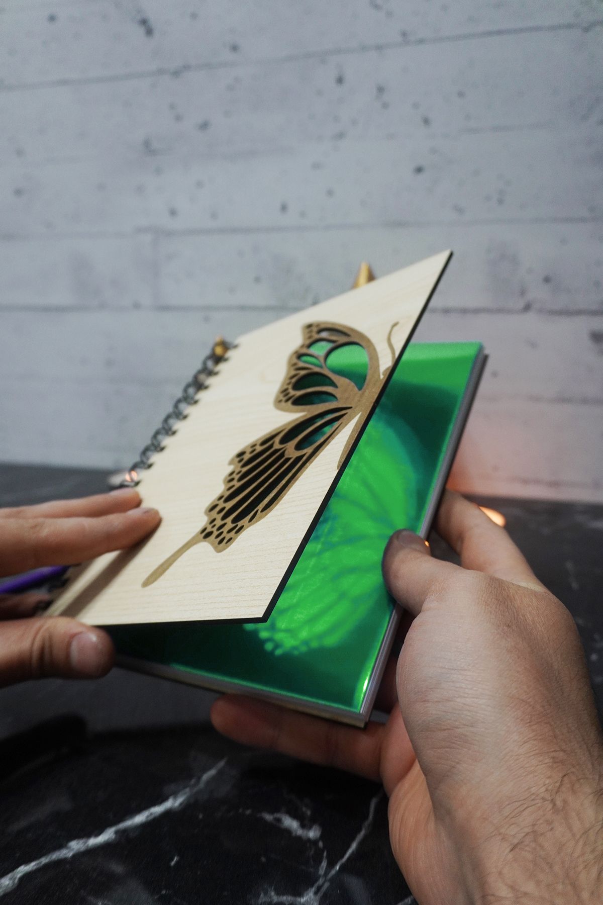 markcat-Butterfly Pattern Notebook with Wooden Cover - Agenda and Daily Use - Unlined A5 Notebook 2