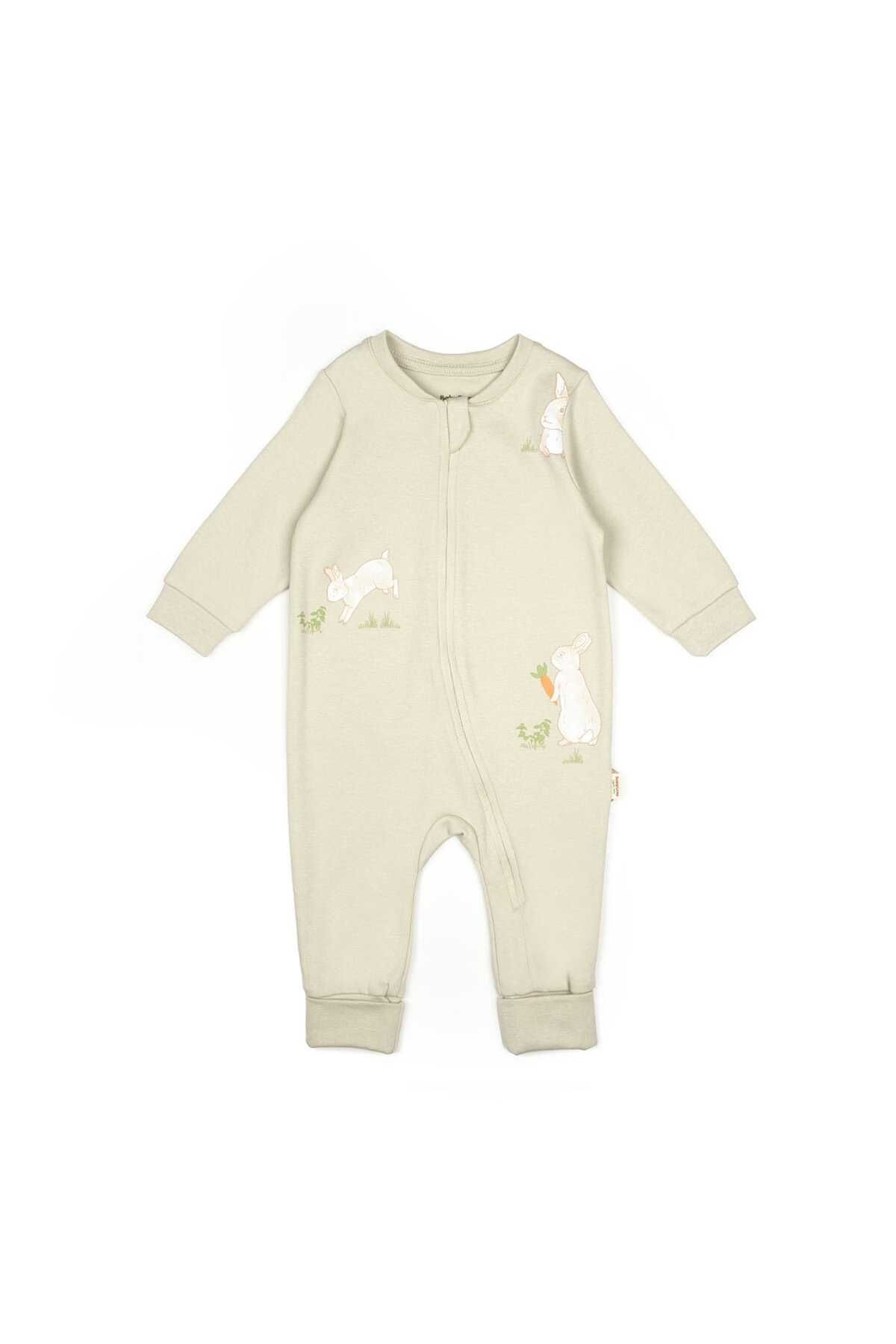 BabyCosy Organik  Pamuklu Desenli Önden Fermuarlı Kız ve Erkek Tulum
