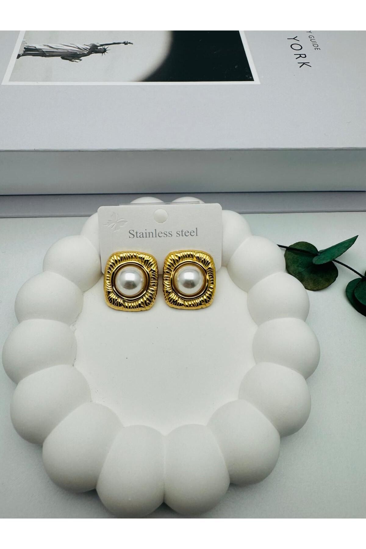 HEDİYELANDY İnci Detaylı Çelik Küpe Kp434 (Gold)