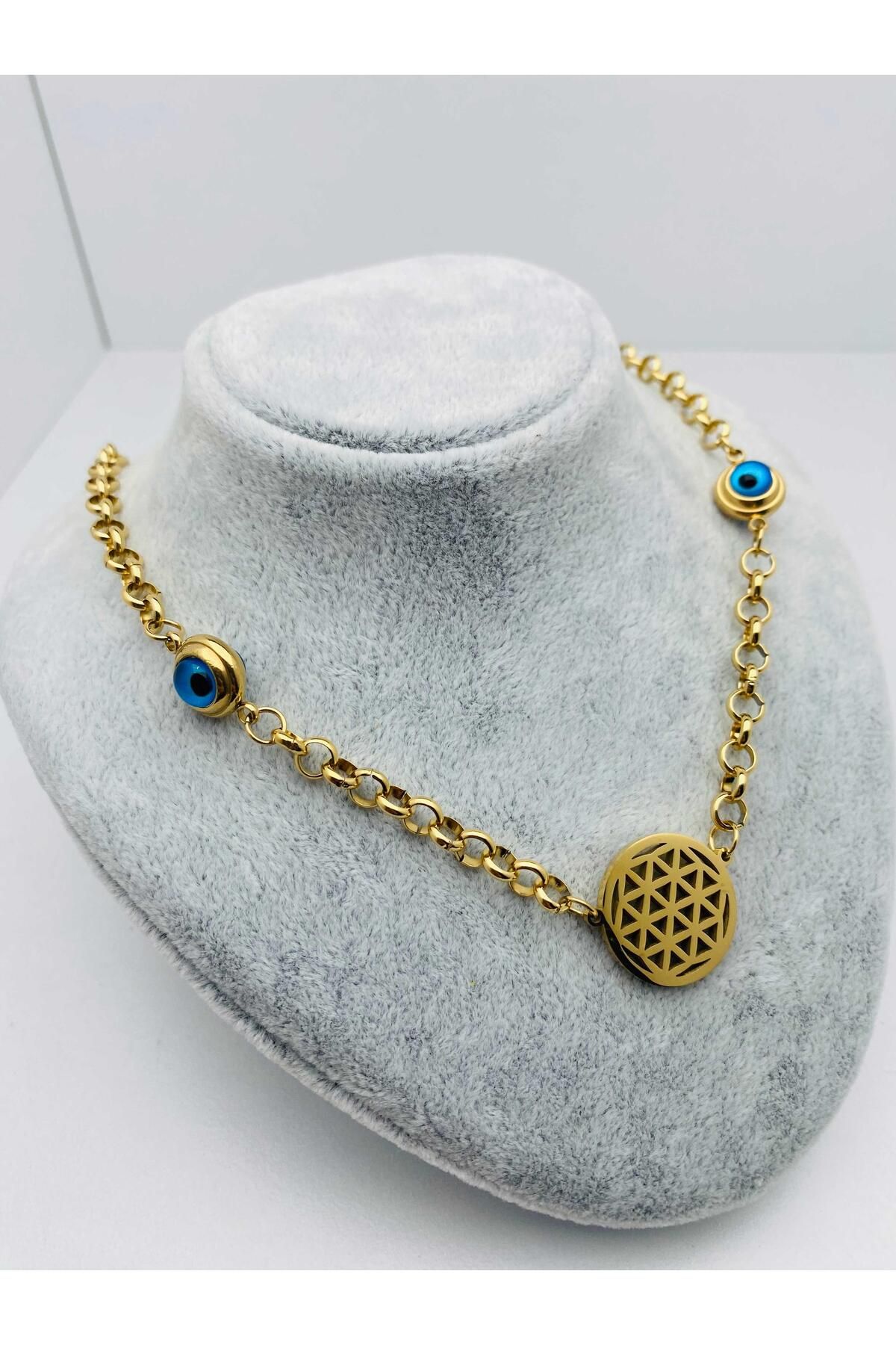 HEDİYELANDY Nazar Boncuklu Yaşam Çiçeği Çelik Kolye (Gold) 010604-1