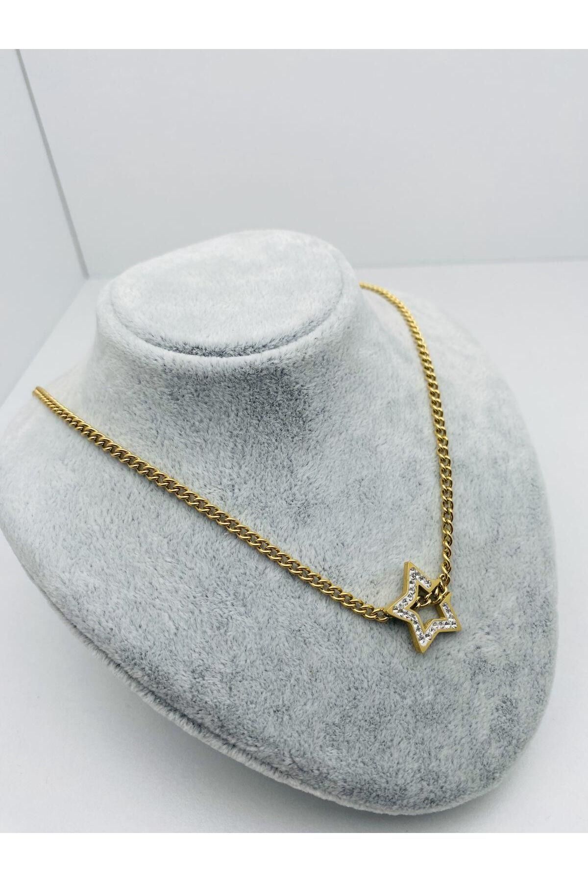 HEDİYELANDY Yıldız Taşlı Model Çelik Kolye (Gold) 0106142