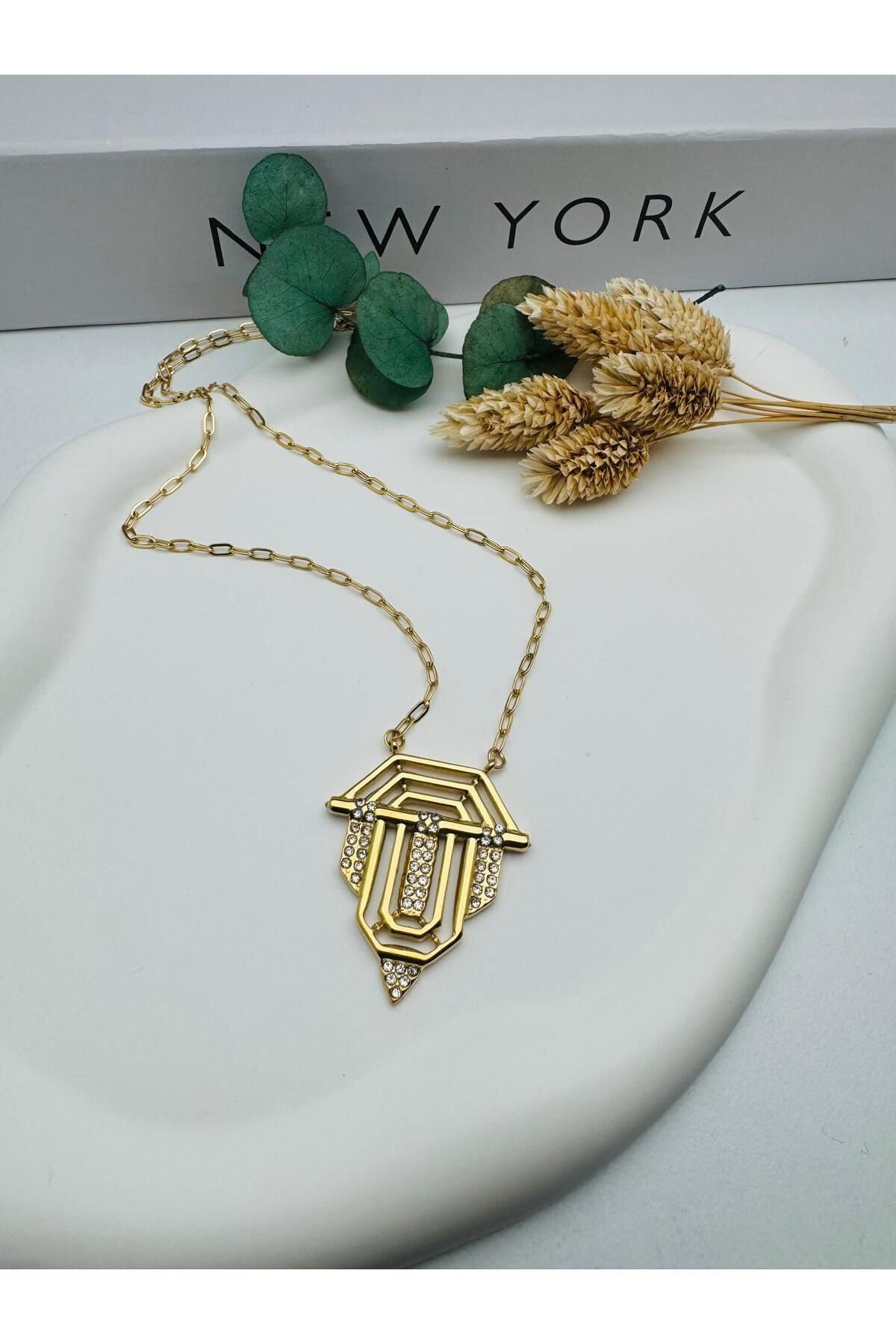 HEDİYELANDY Serenay Model (Büyük Boy) Çelik Kolye (Gold) 0106302