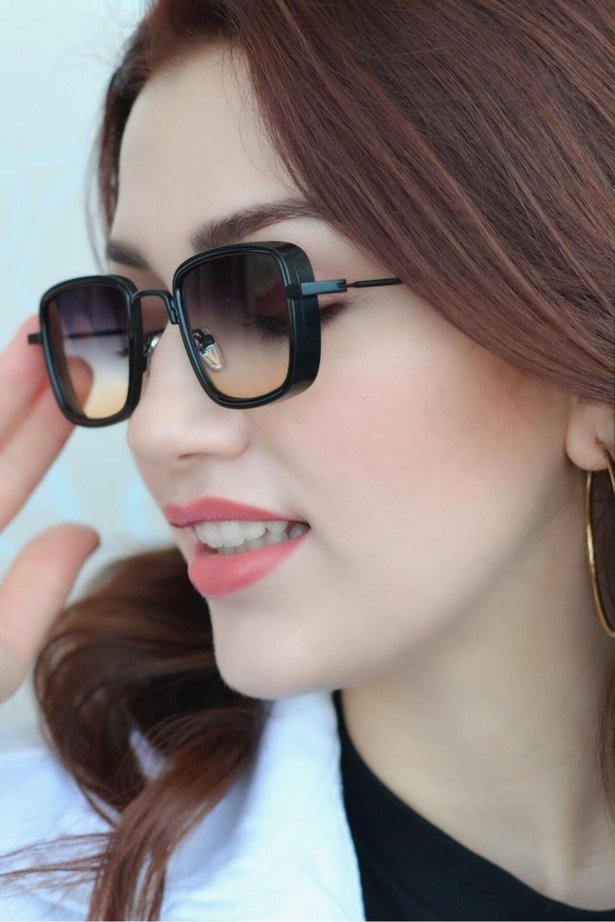 Sunglasses Oval Square Design Metal Black Frame Orange Black Glass
